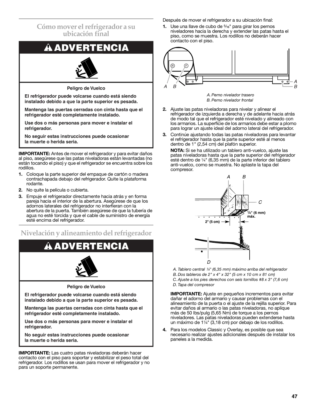 KitchenAid W10291426A manual Cómo mover el refrigerador a su Ubicación final, Nivelación y alineamiento del refrigerador 