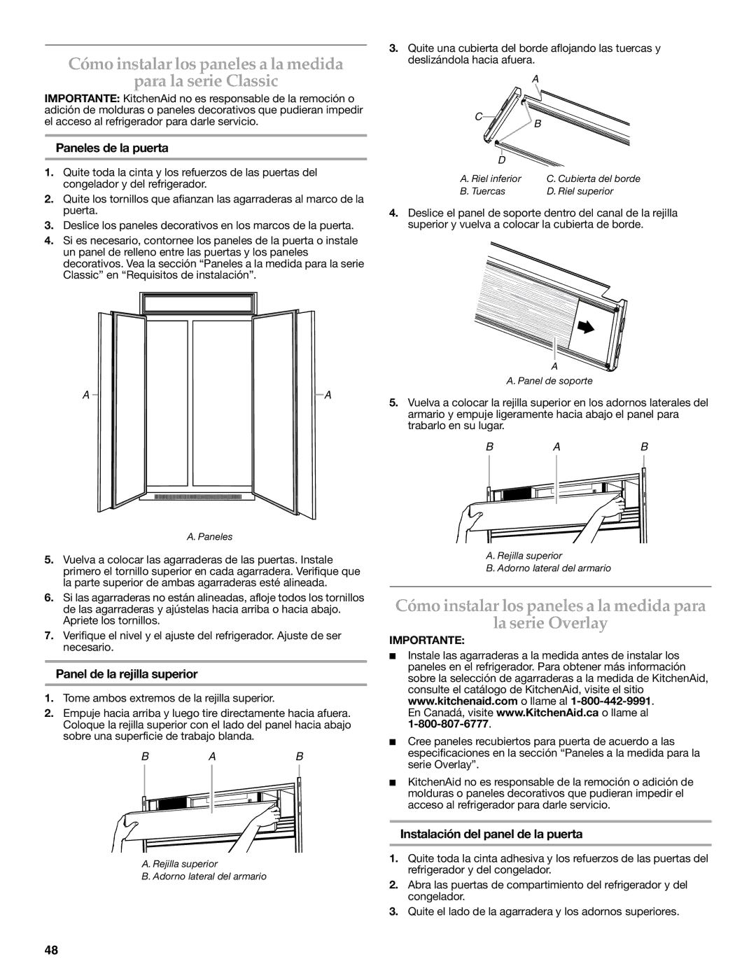 KitchenAid W10291426A manual Cómo instalar los paneles a la medida Para la serie Classic, Paneles de la puerta 