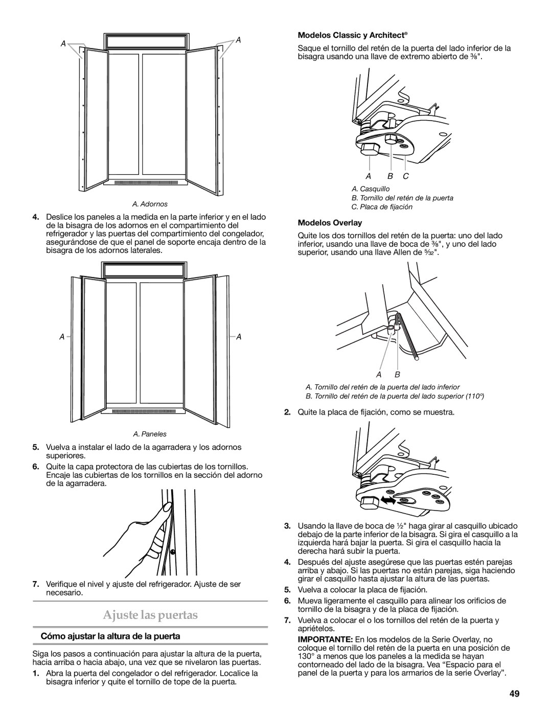 KitchenAid W10291426A manual Ajuste las puertas, Cómo ajustar la altura de la puerta, Modelos Classic y Architect 