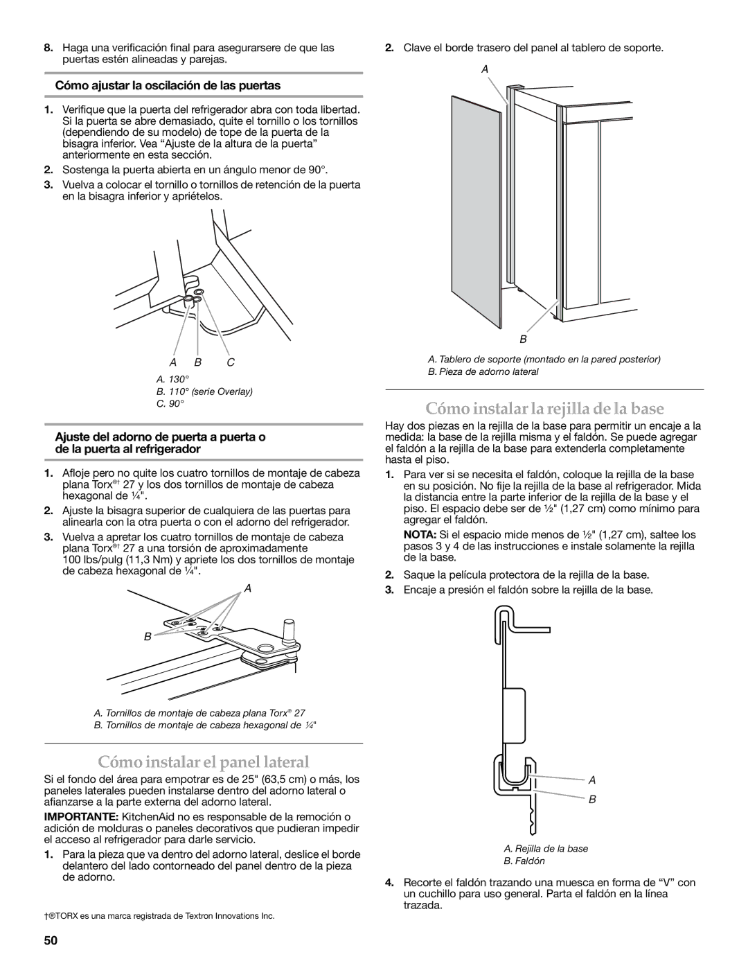 KitchenAid W10291426A manual Cómo instalar la rejilla de la base, Cómo instalar el panel lateral 