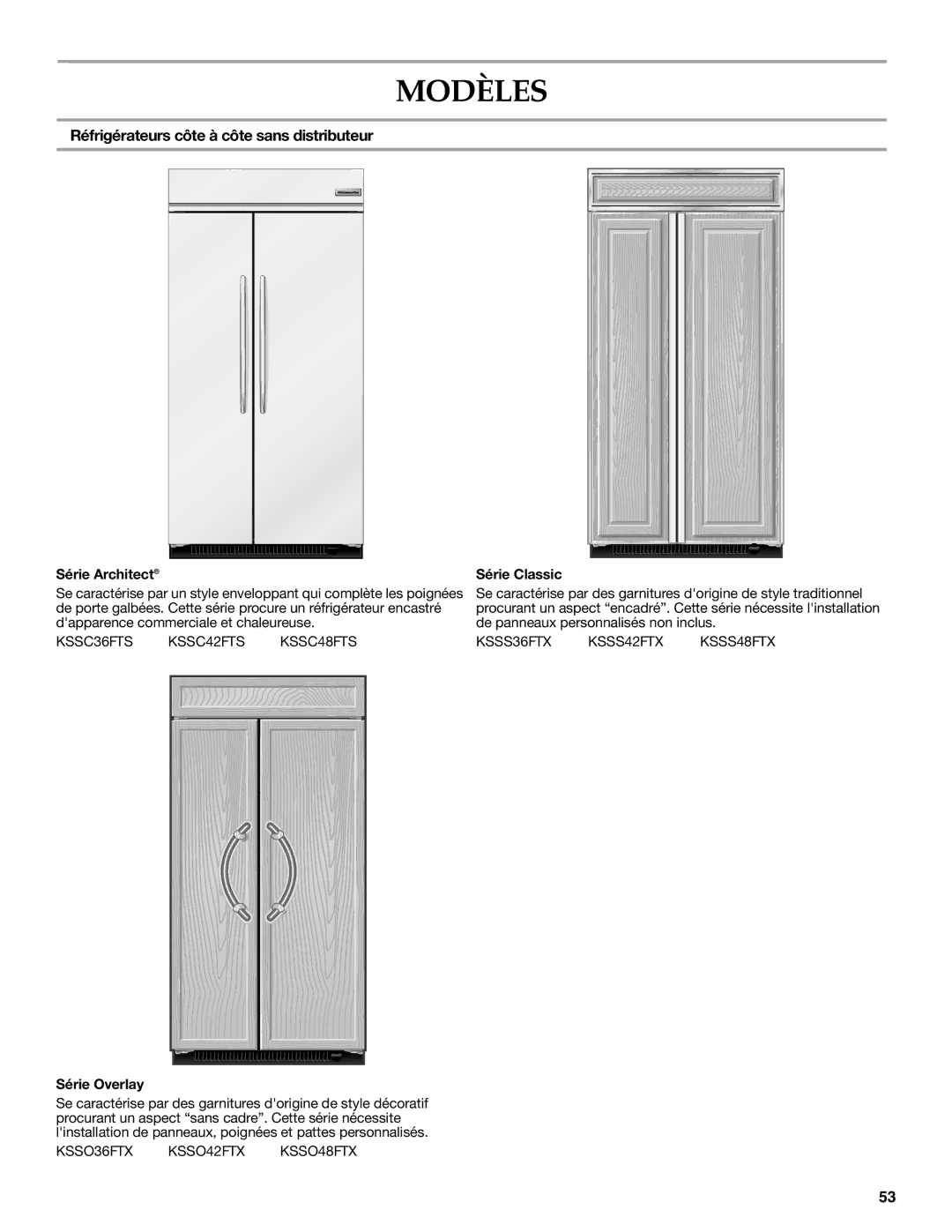 KitchenAid W10291426A Modèles, Réfrigérateurs côte à côte sans distributeur, Série Architect, Série Classic, Série Overlay 