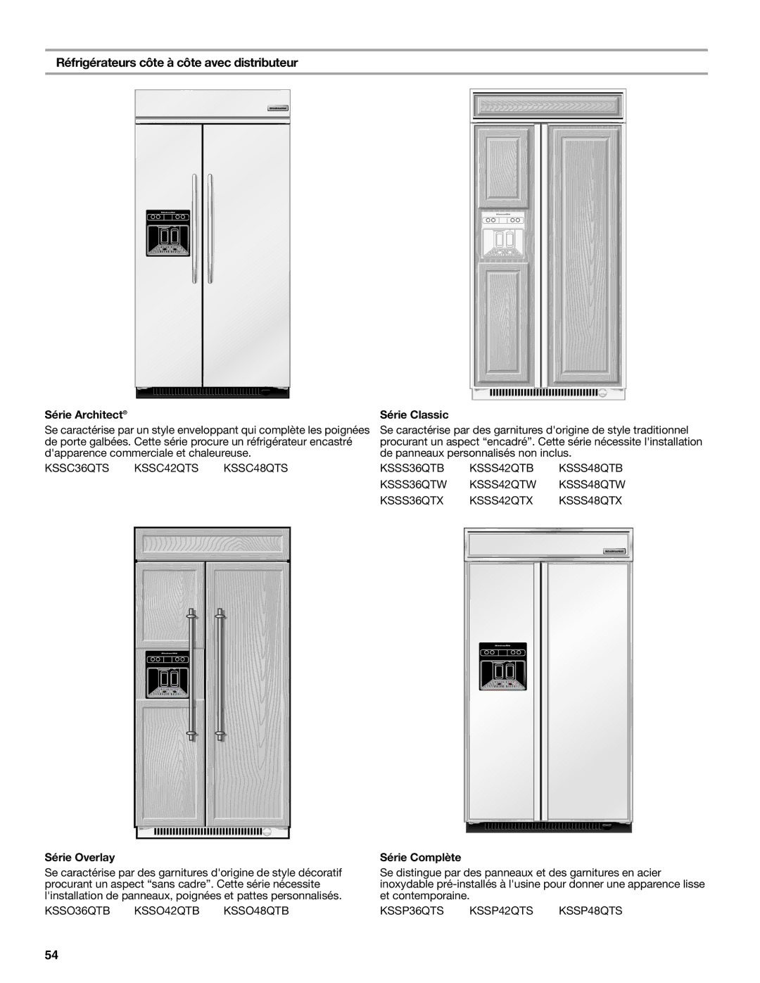 KitchenAid W10291426A manual Réfrigérateurs côte à côte avec distributeur, Série Complète 