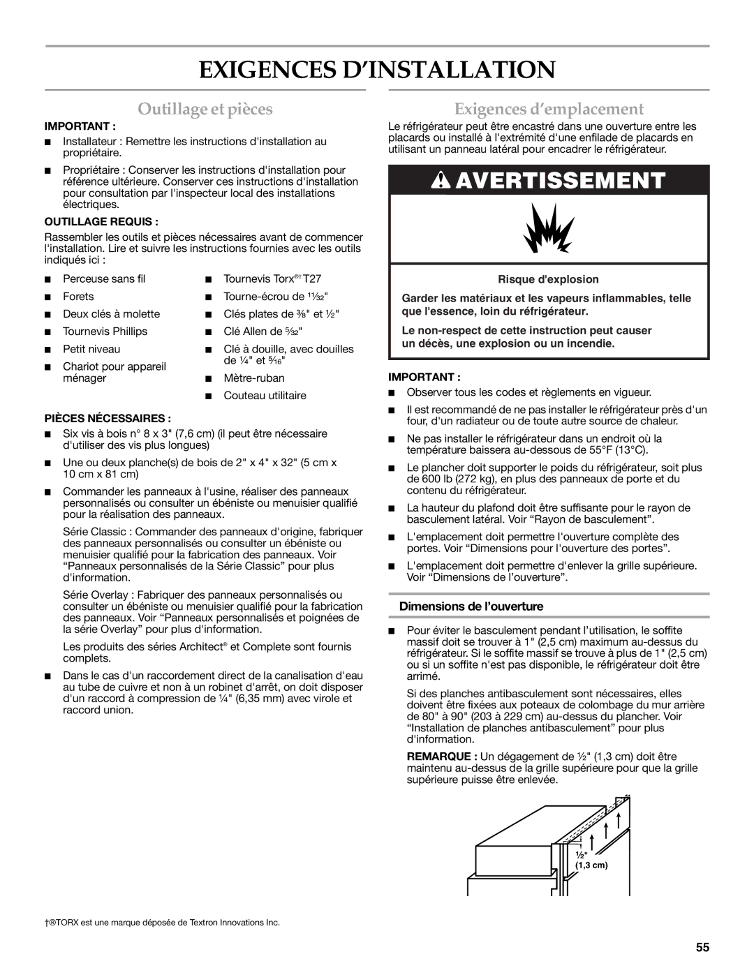 KitchenAid W10291426A Exigences D’INSTALLATION, Outillage et pièces, Exigences d’emplacement, Dimensions de l’ouverture 