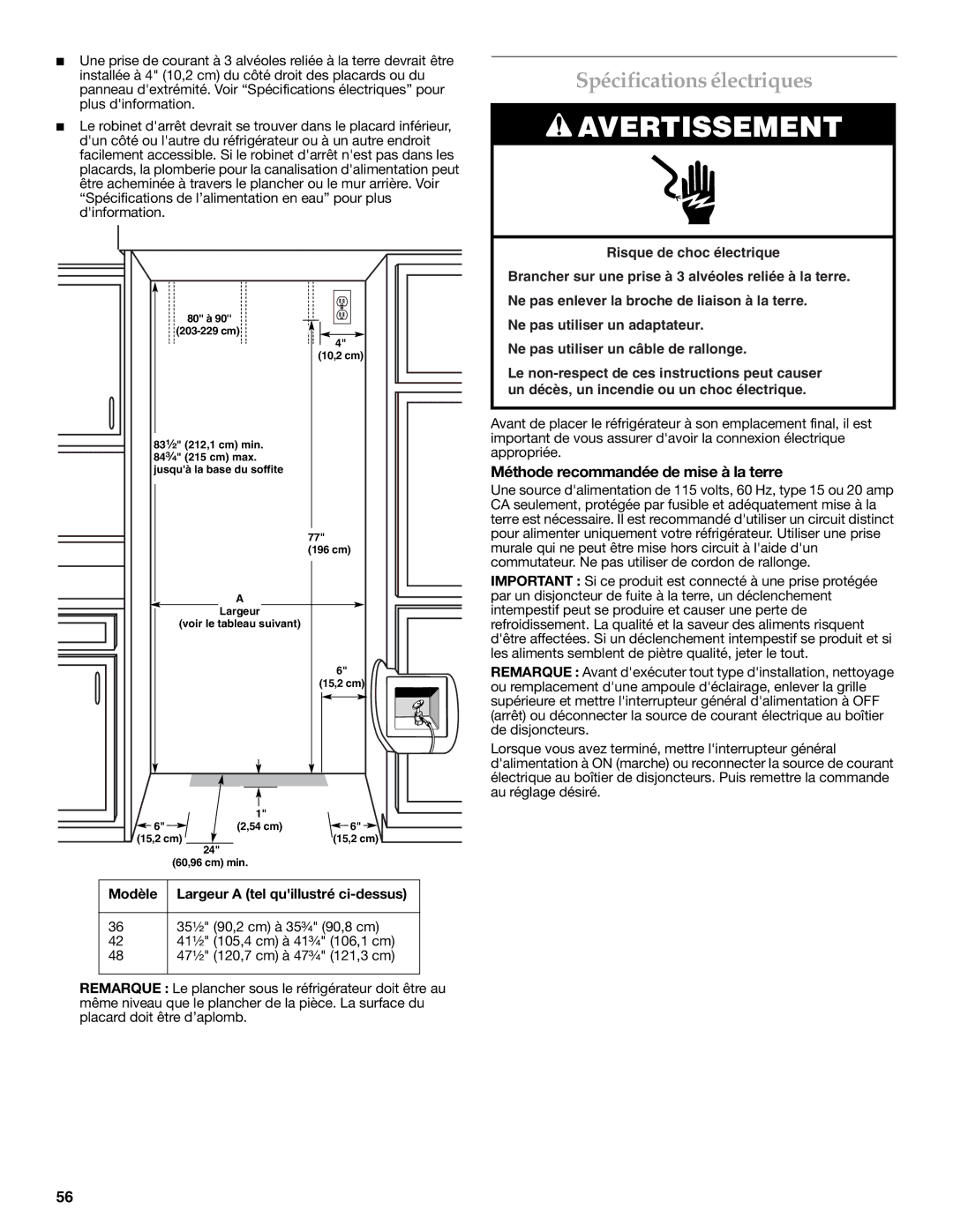 KitchenAid W10291426A manual Spécifications électriques, Méthode recommandée de mise à la terre 