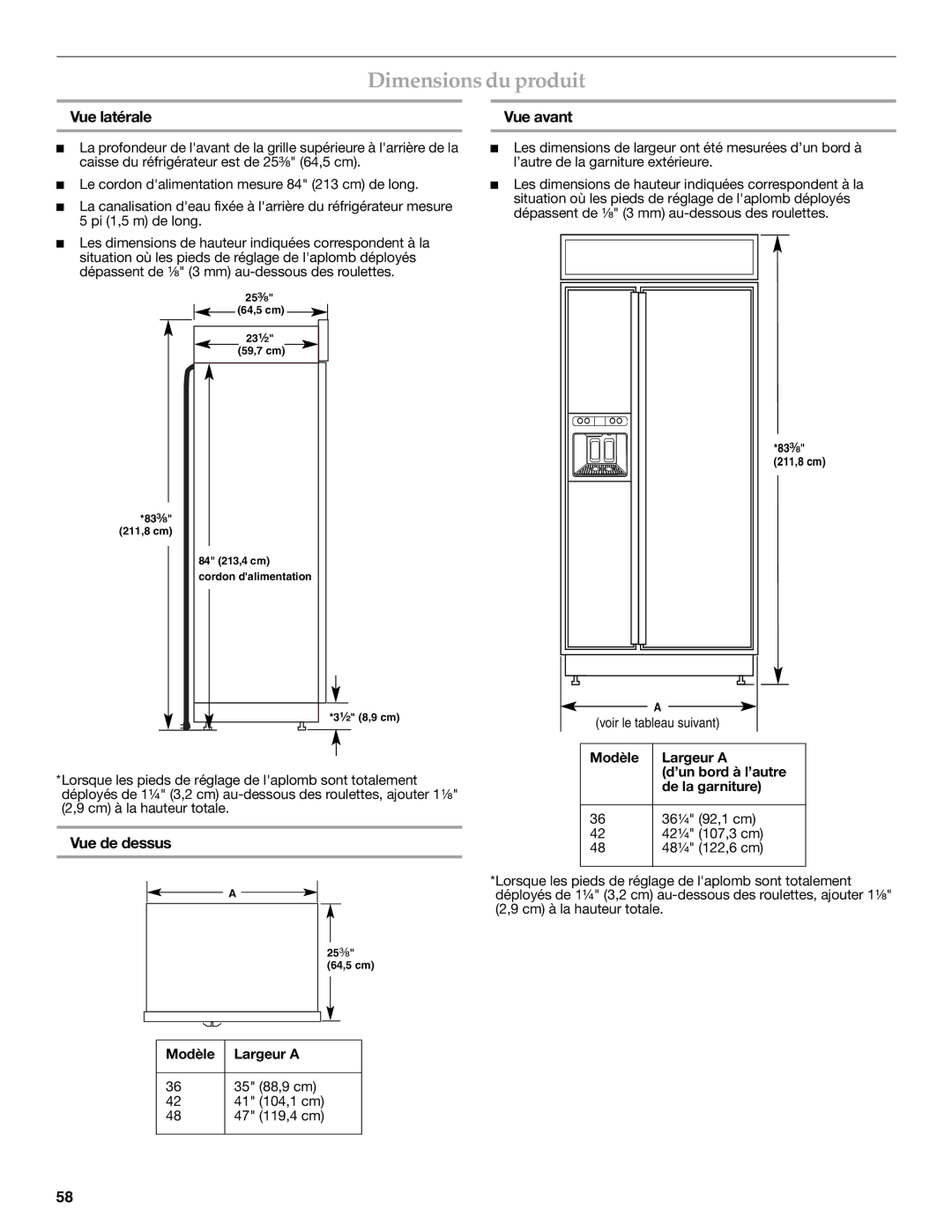 KitchenAid W10291426A manual Dimensions du produit, Vue latérale, Vue de dessus, Vue avant 