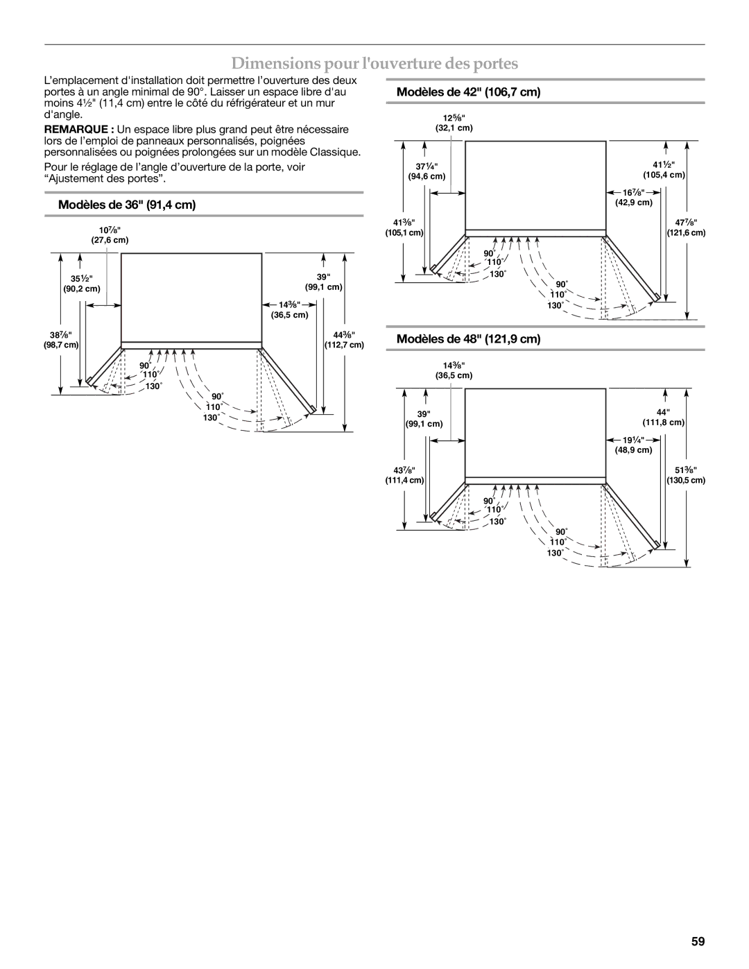 KitchenAid W10291426A manual Dimensions pour louverture des portes, Modèles de 36 91,4 cm, Modèles de 42 106,7 cm 