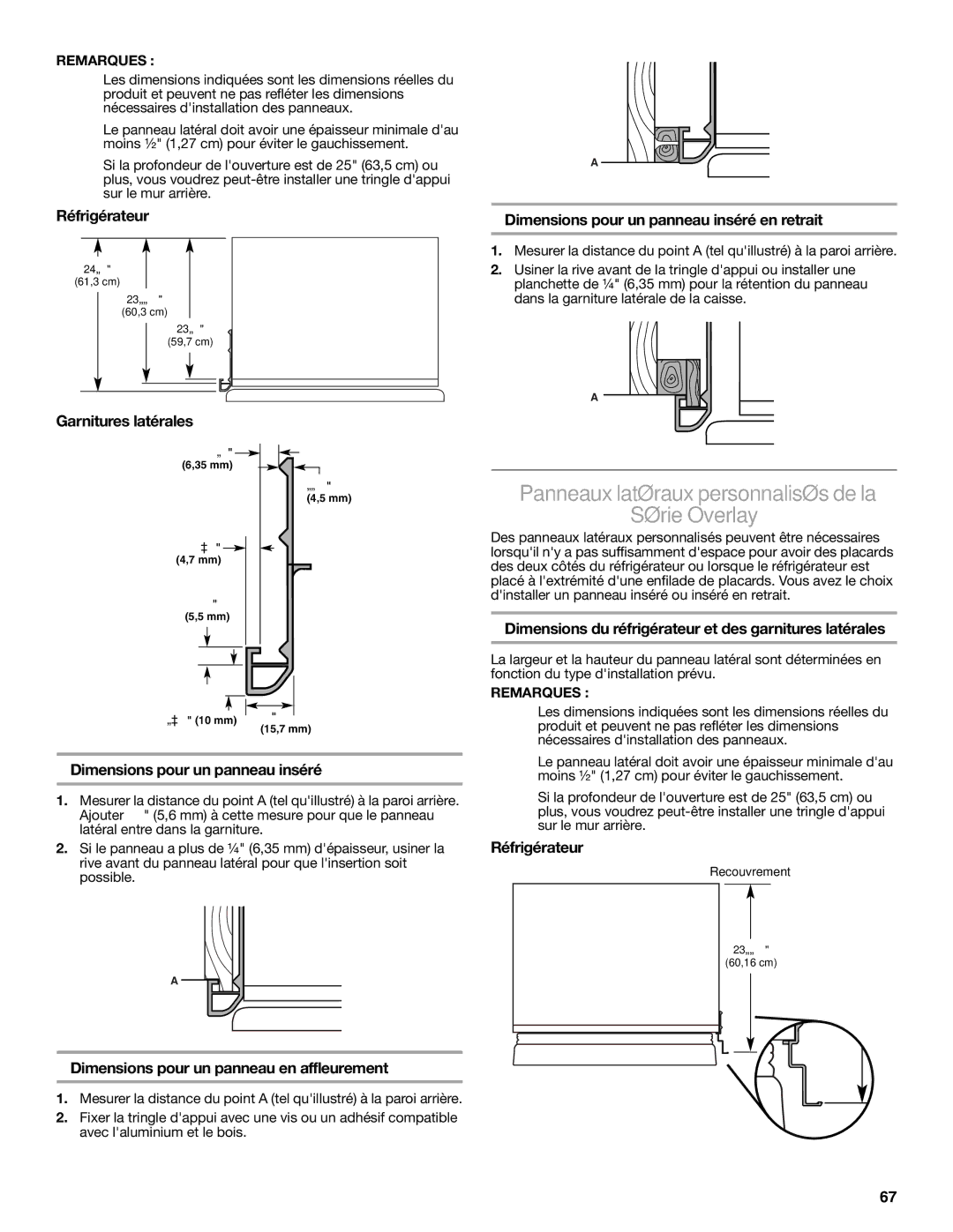 KitchenAid W10291426A manual Panneaux latéraux personnalisés de la Série Overlay, Réfrigérateur 