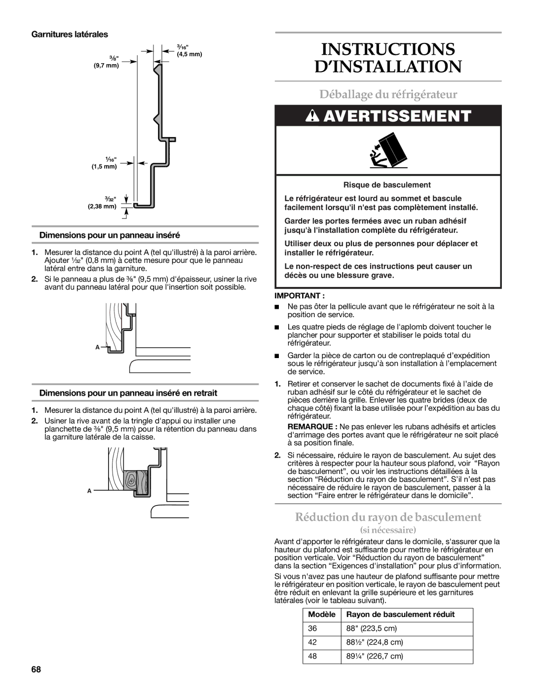 KitchenAid W10291426A manual Déballage du réfrigérateur, Réduction du rayon de basculement, Garnitures latérales 