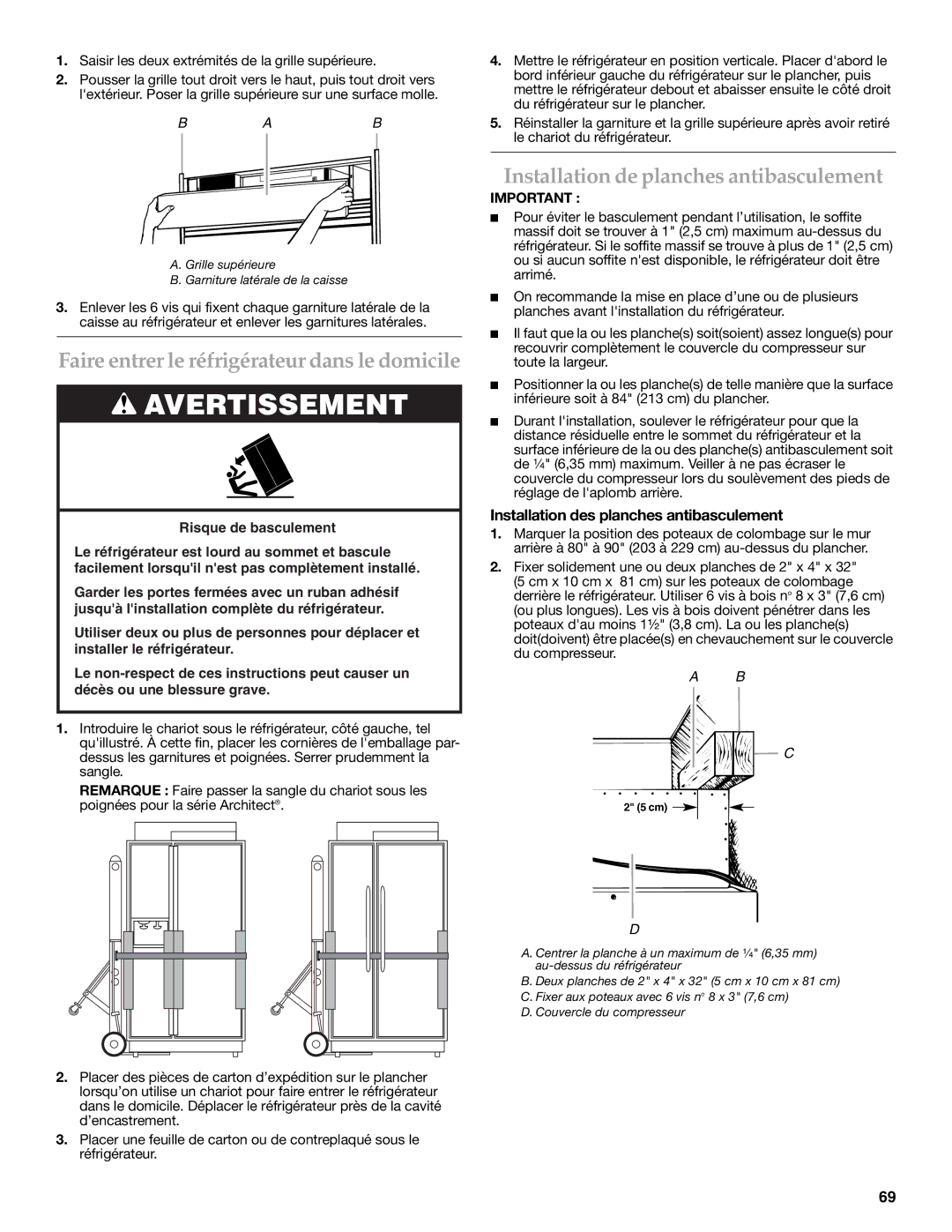 KitchenAid W10291426A manual Faire entrer le réfrigérateur dans le domicile, Installation de planches antibasculement 