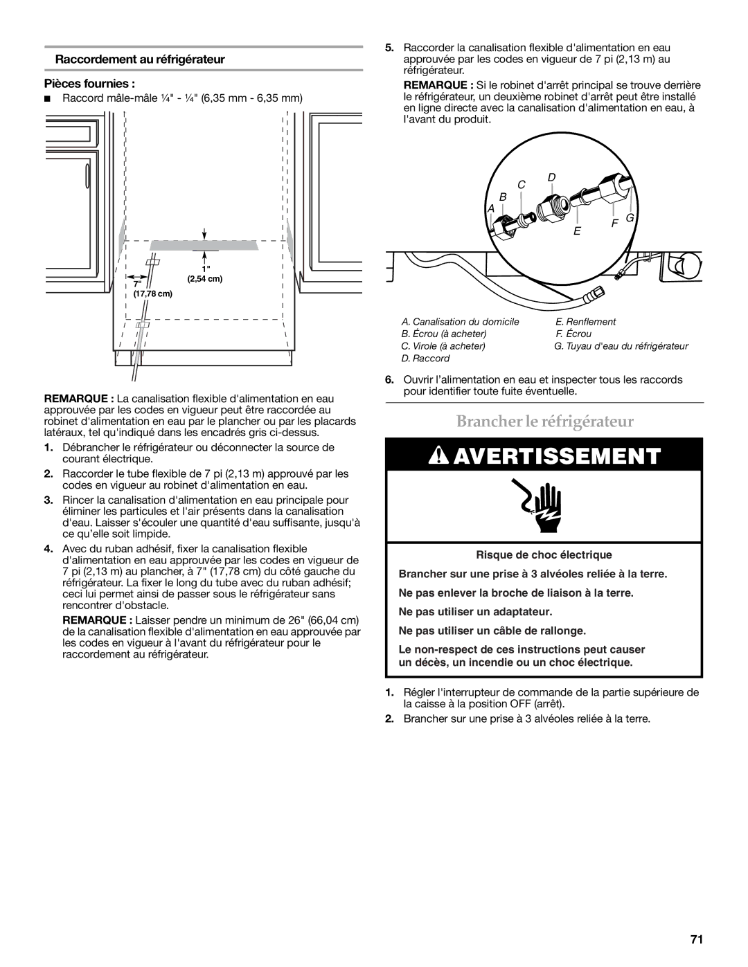 KitchenAid W10291426A manual Brancher le réfrigérateur, Raccordement au réfrigérateur, Pièces fournies 