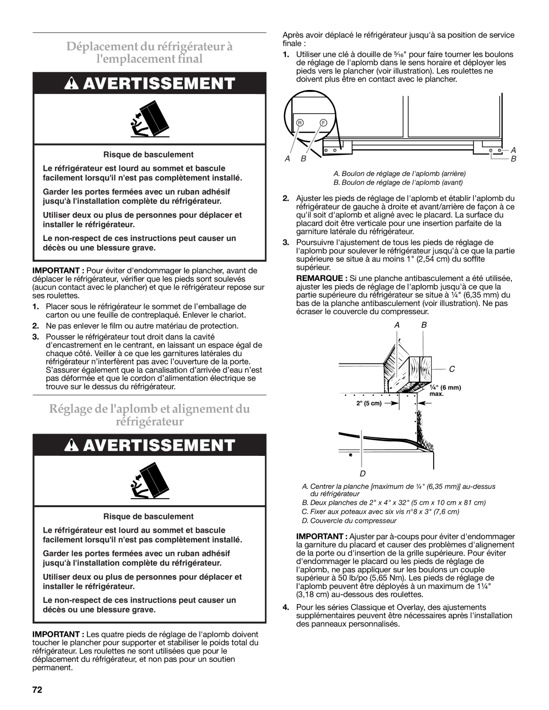 KitchenAid W10291426A Déplacement du réfrigérateur à Lemplacement final, Réglage de laplomb et alignement du Réfrigérateur 