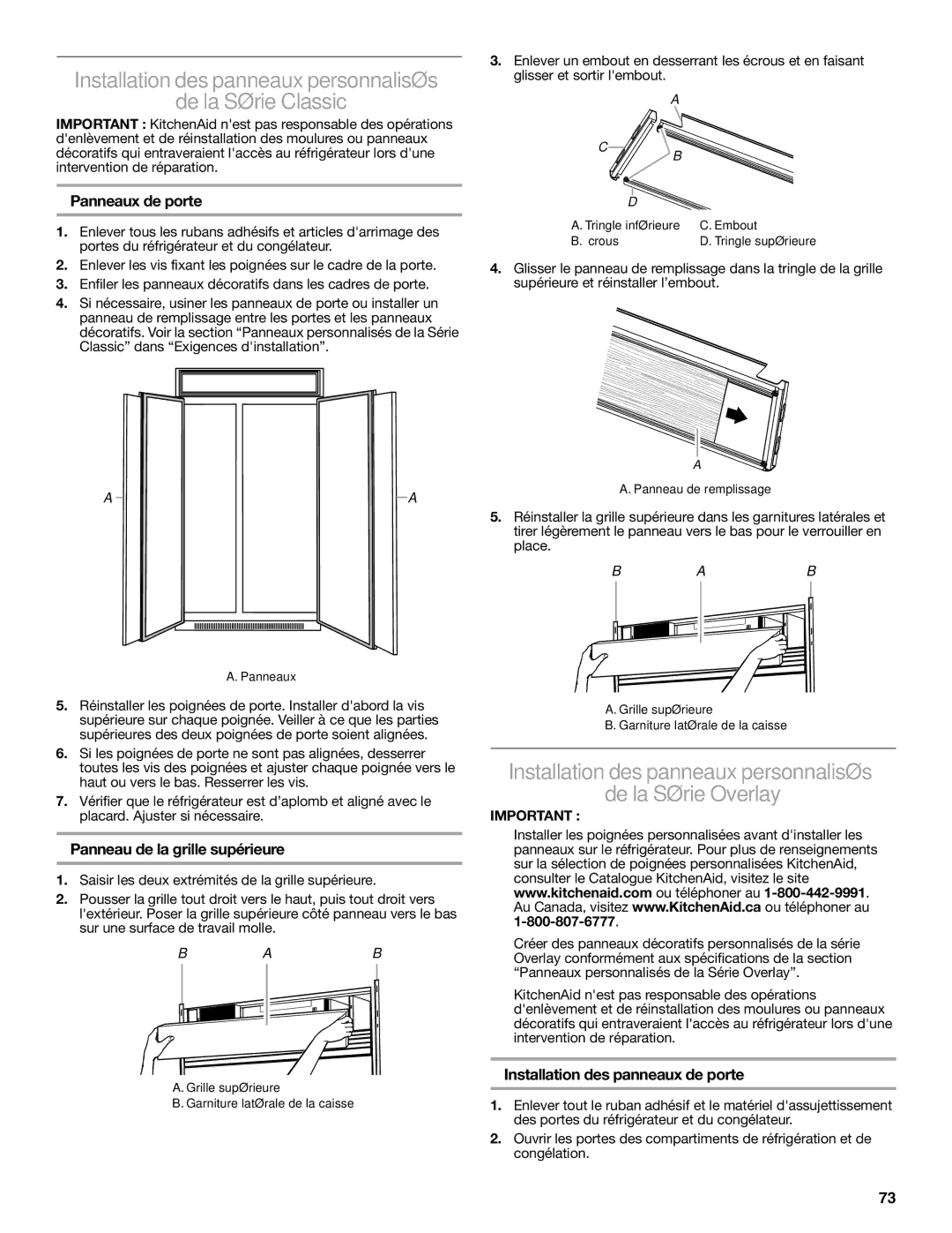 KitchenAid W10291426A manual Installation des panneaux personnalisés De la Série Classic, Panneaux de porte 