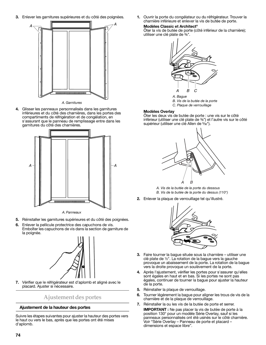 KitchenAid W10291426A manual Ajustement des portes, Ajustement de la hauteur des portes, Modèles Classic et Architect 