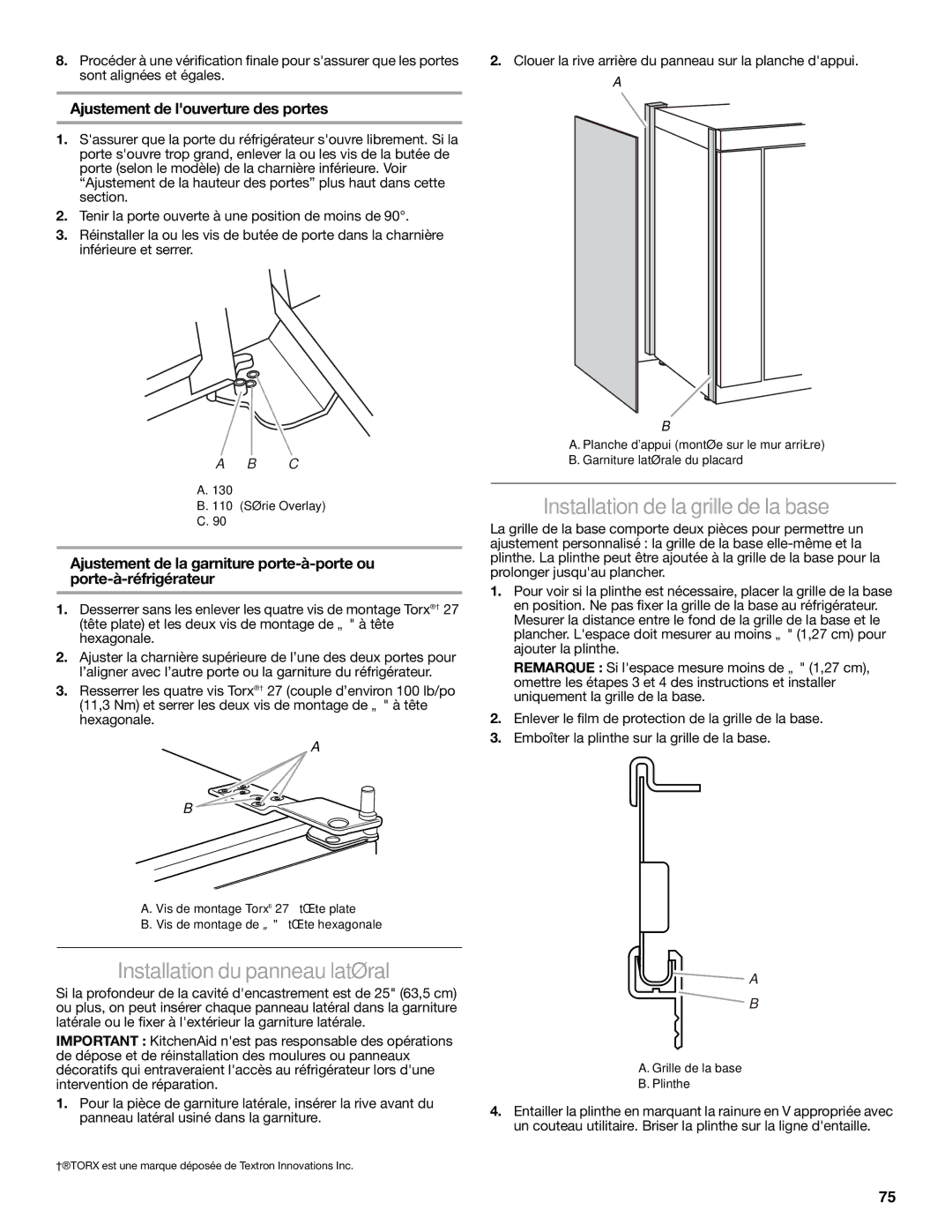 KitchenAid W10291426A manual Installation du panneau latéral, Installation de la grille de la base 