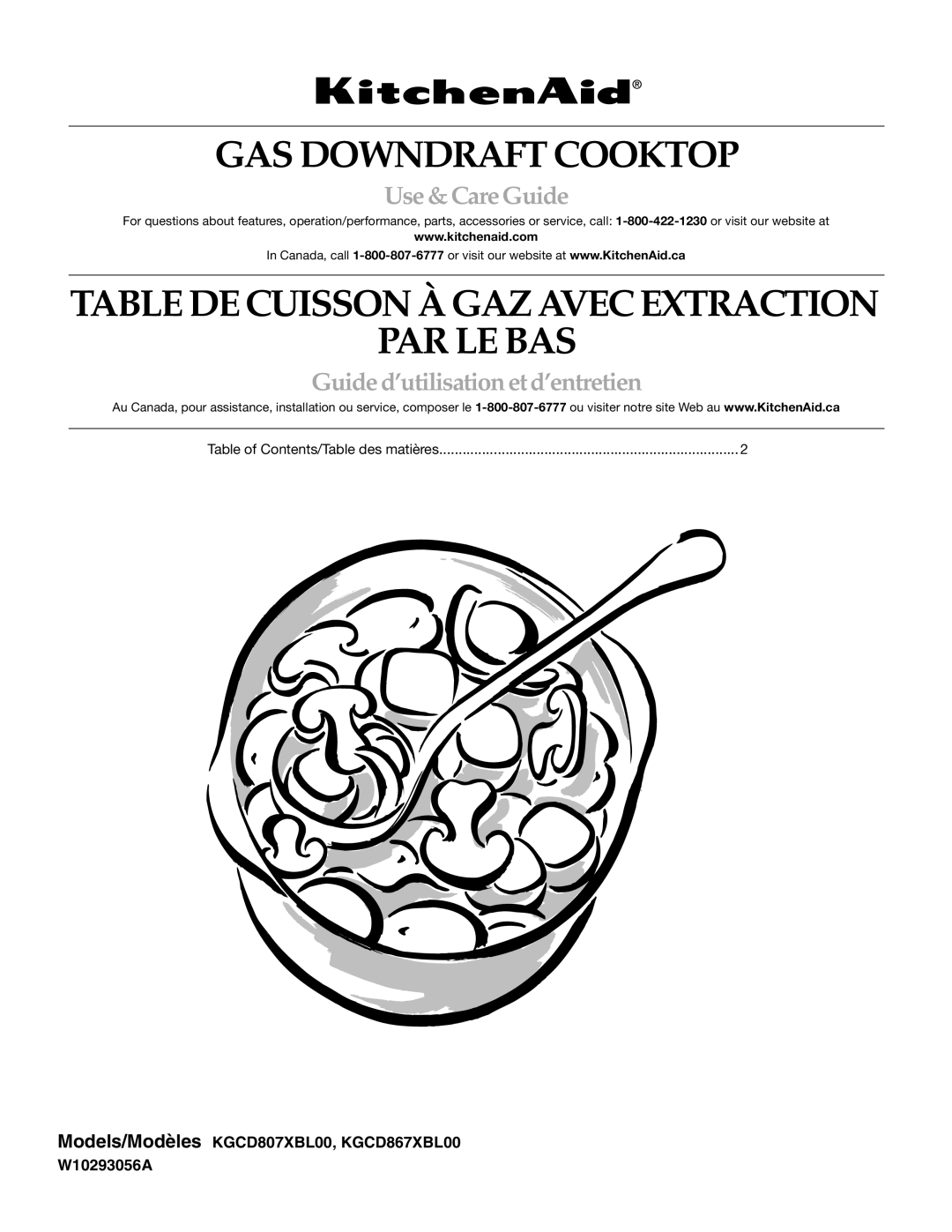 KitchenAid KGCD867XBL00, W10293056A, KGCD807XBL00 manual GAS Downdraft Cooktop, Table of Contents/Table des matières 