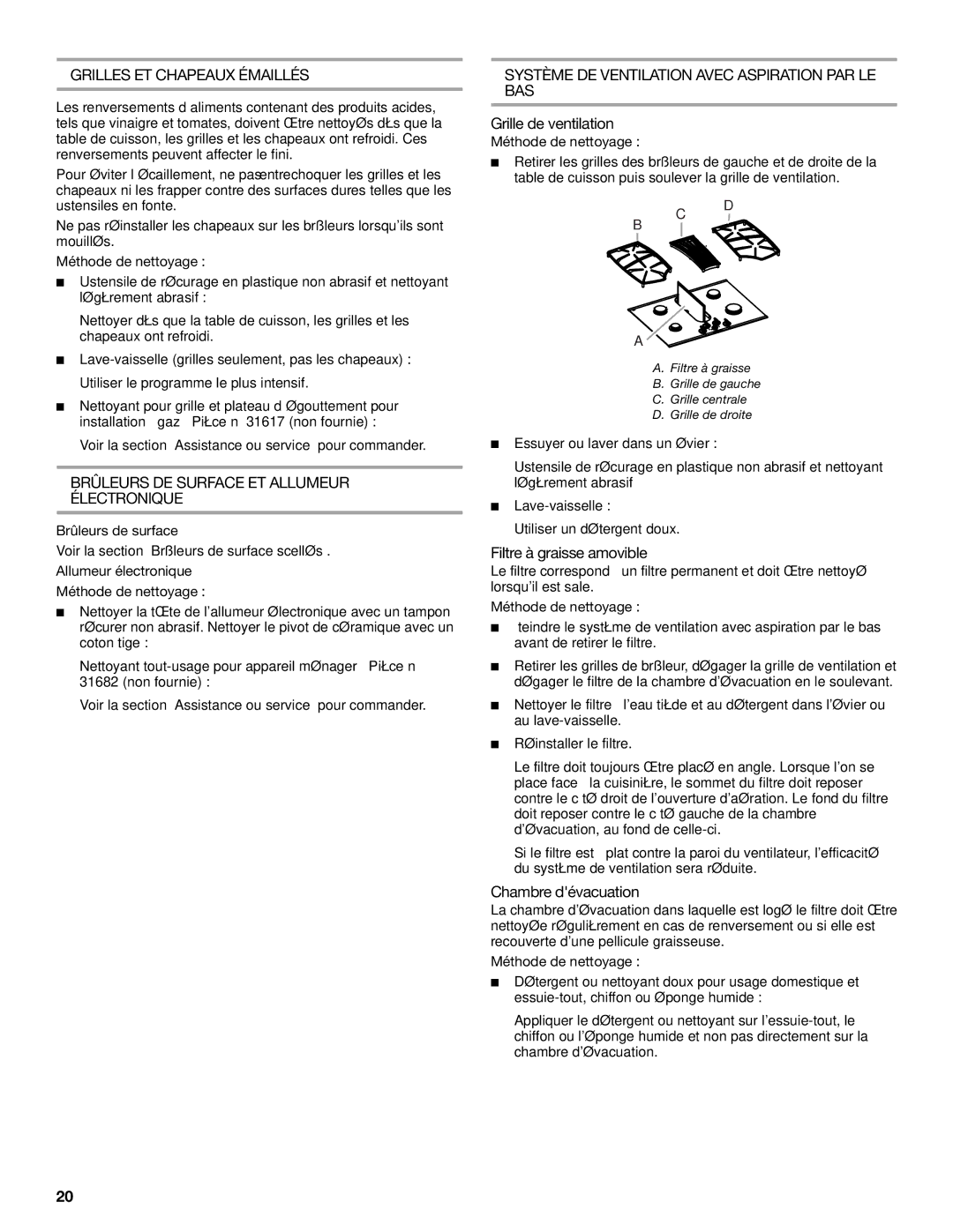 KitchenAid KGCD807XBL00, W10293056A manual Grilles ET Chapeaux Émaillés, Système DE Ventilation Avec Aspiration PAR LE BAS 