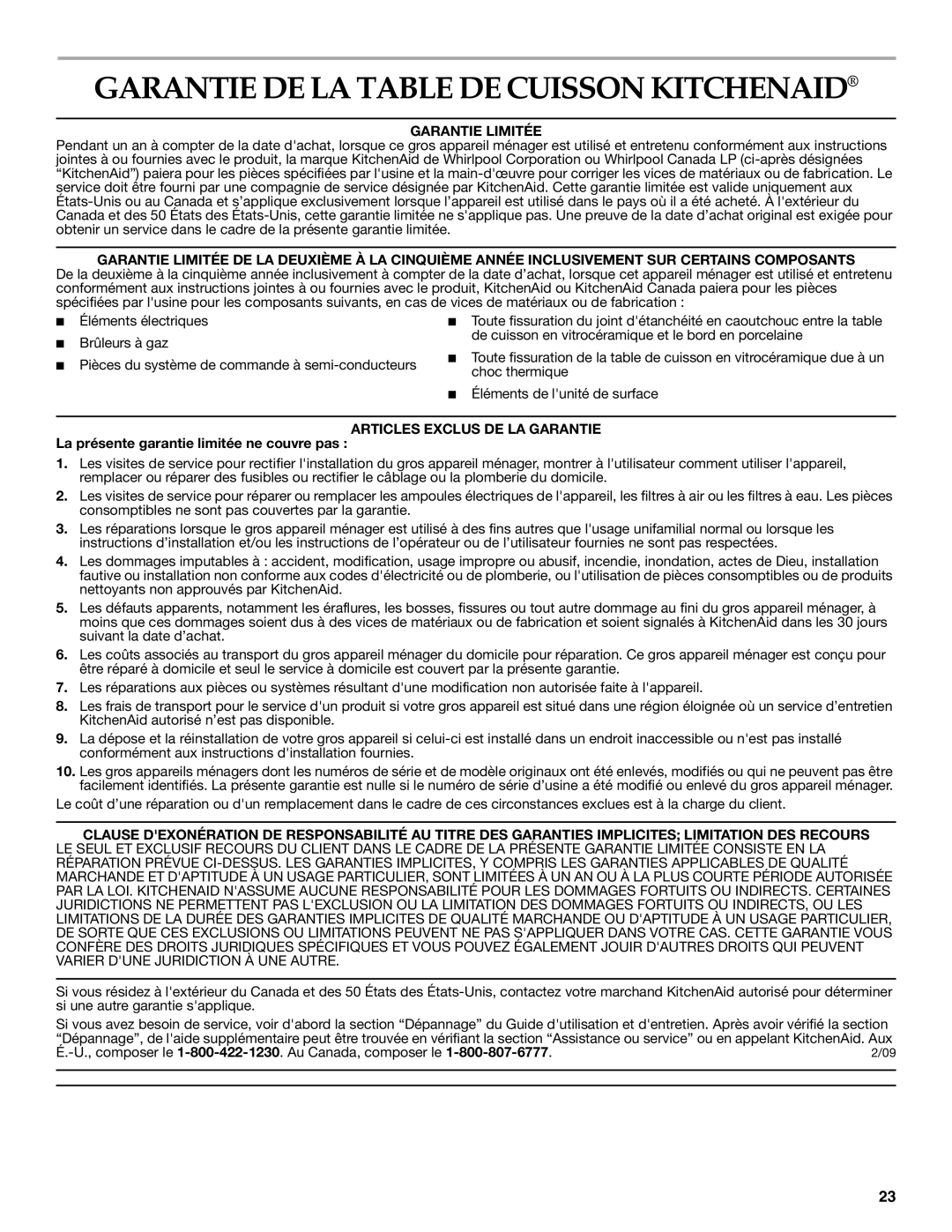 KitchenAid KGCD807XBL00 manual Garantie DE LA Table DE Cuisson Kitchenaid, Garantie Limitée, Articles Exclus DE LA Garantie 