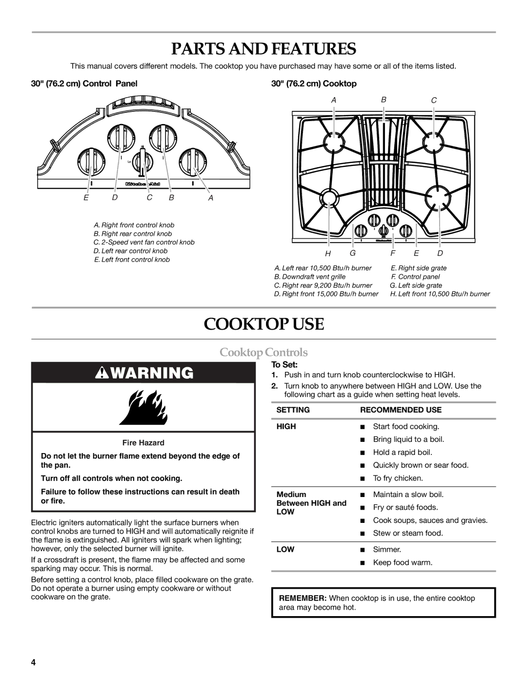 KitchenAid KGCD867XBL00, W10293056A Parts and Features, Cooktop USE, Cooktop Controls, 30 76.2 cm Control Panel, To Set 