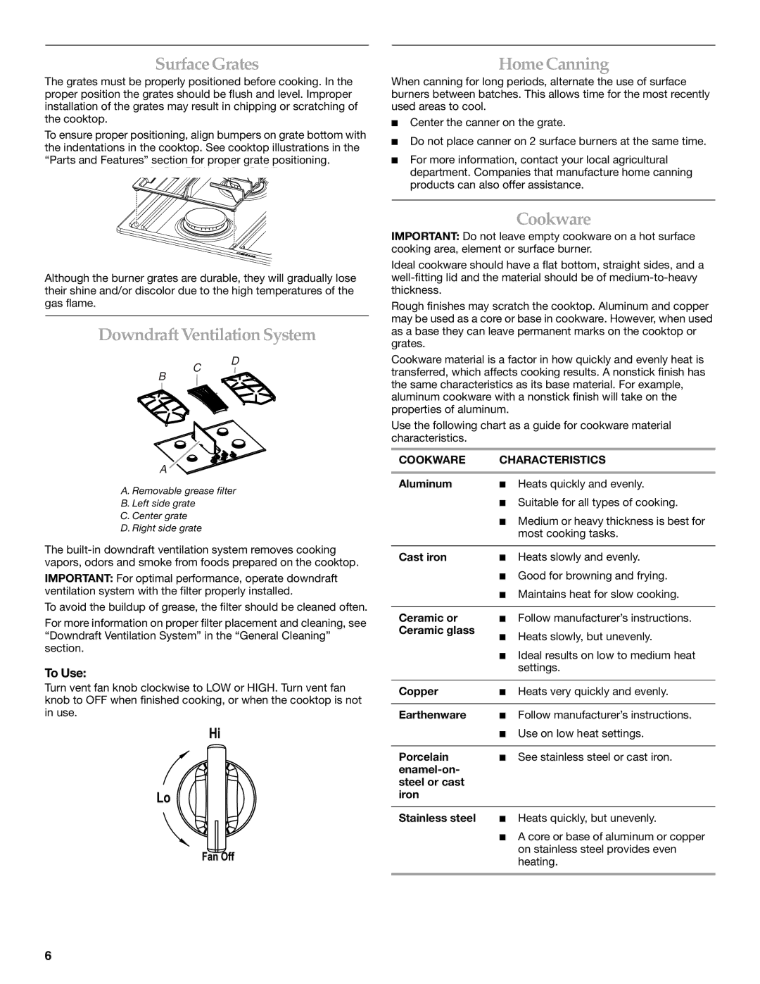 KitchenAid W10293056A SurfaceGrates, HomeCanning, Downdraft Ventilation System Cookware, To Use, Cookware Characteristics 