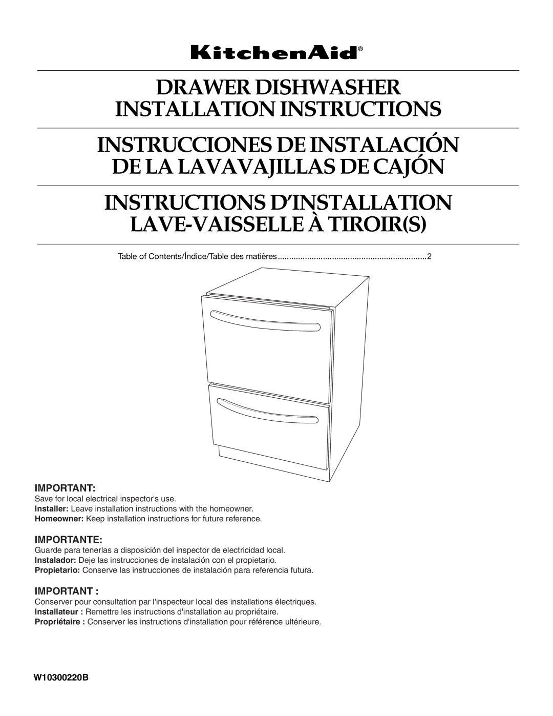 KitchenAid W10300220B installation instructions Drawer Dishwasher Installation Instructions 