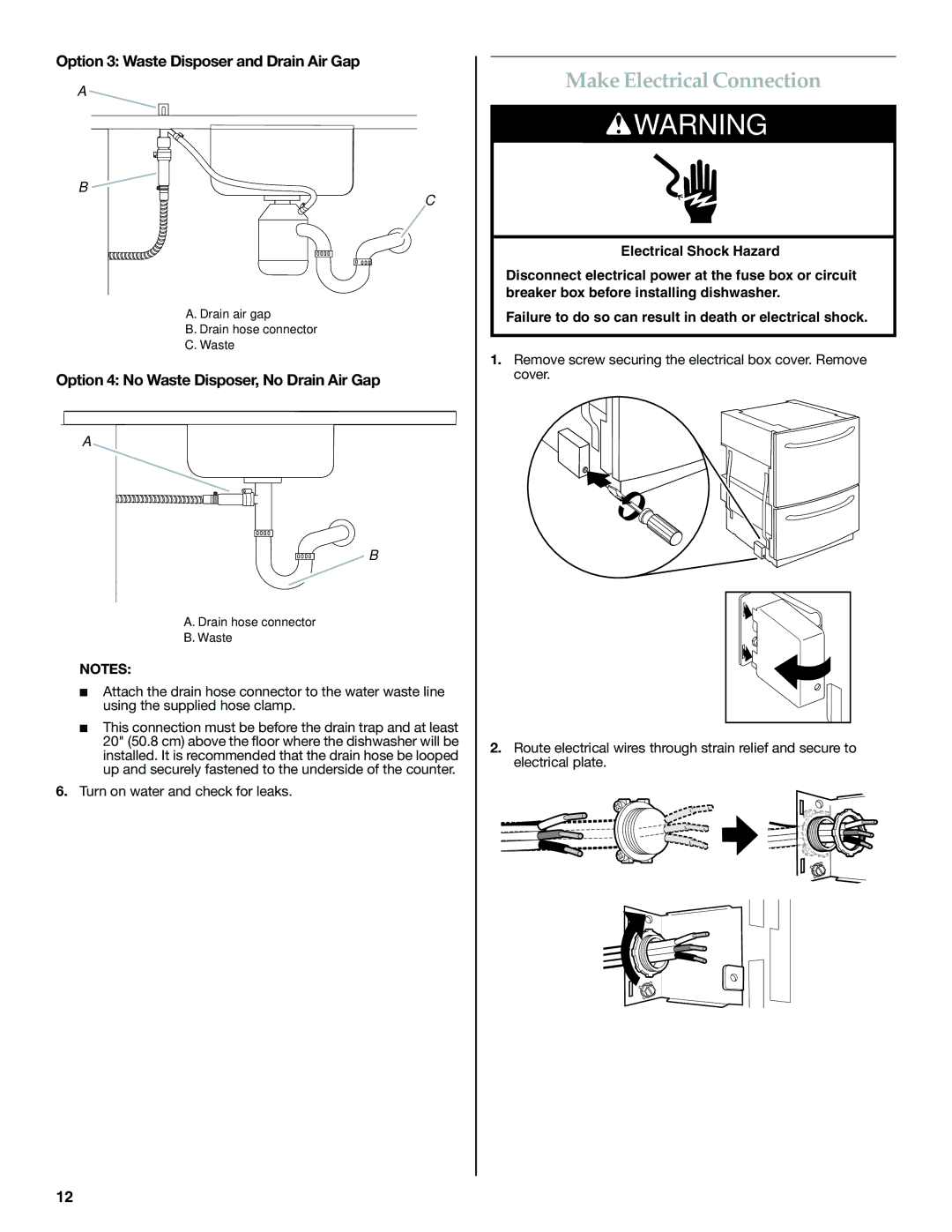 KitchenAid W10300220B installation instructions Make Electrical Connection, Option 3 Waste Disposer and Drain Air Gap 