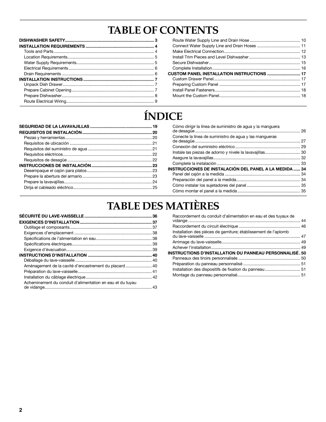 KitchenAid W10300220B installation instructions Table of Contents, Índice, Table DES Matières 