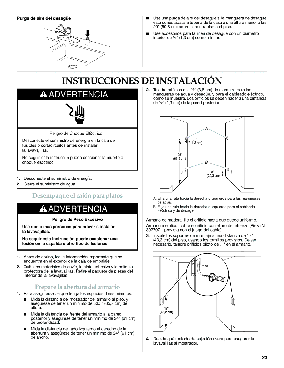 KitchenAid W10300220B Instrucciones DE Instalación, Desempaque el cajón para platos, Prepare la abertura del armario 