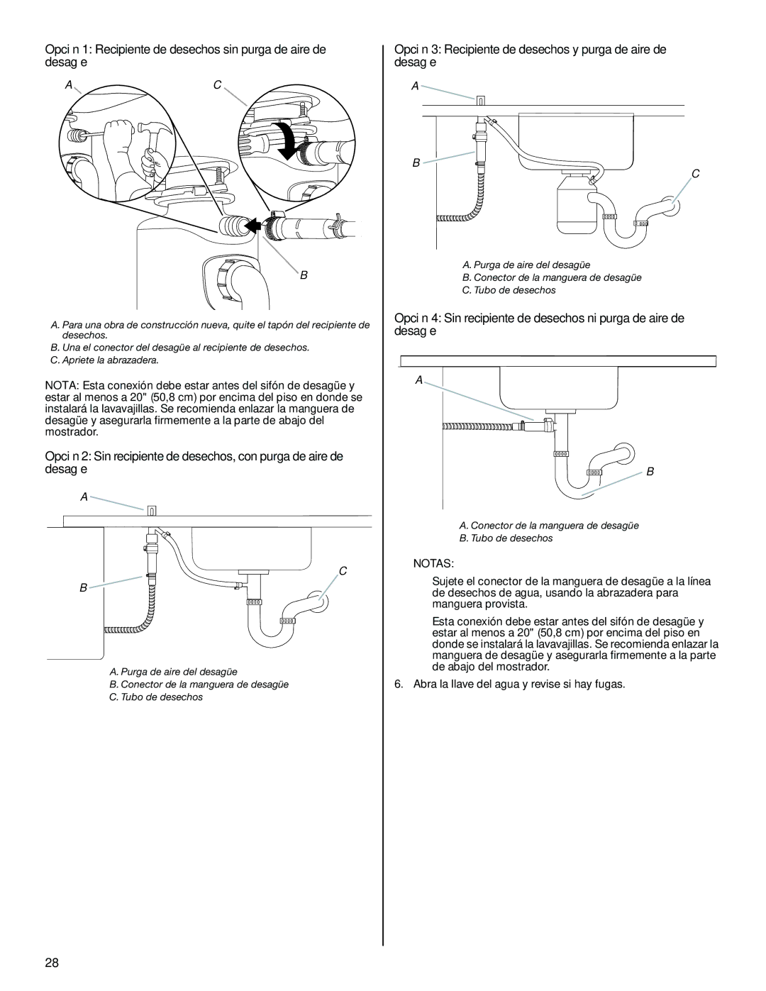 KitchenAid W10300220B installation instructions Opción 1 Recipiente de desechos sin purga de aire de desagüe 