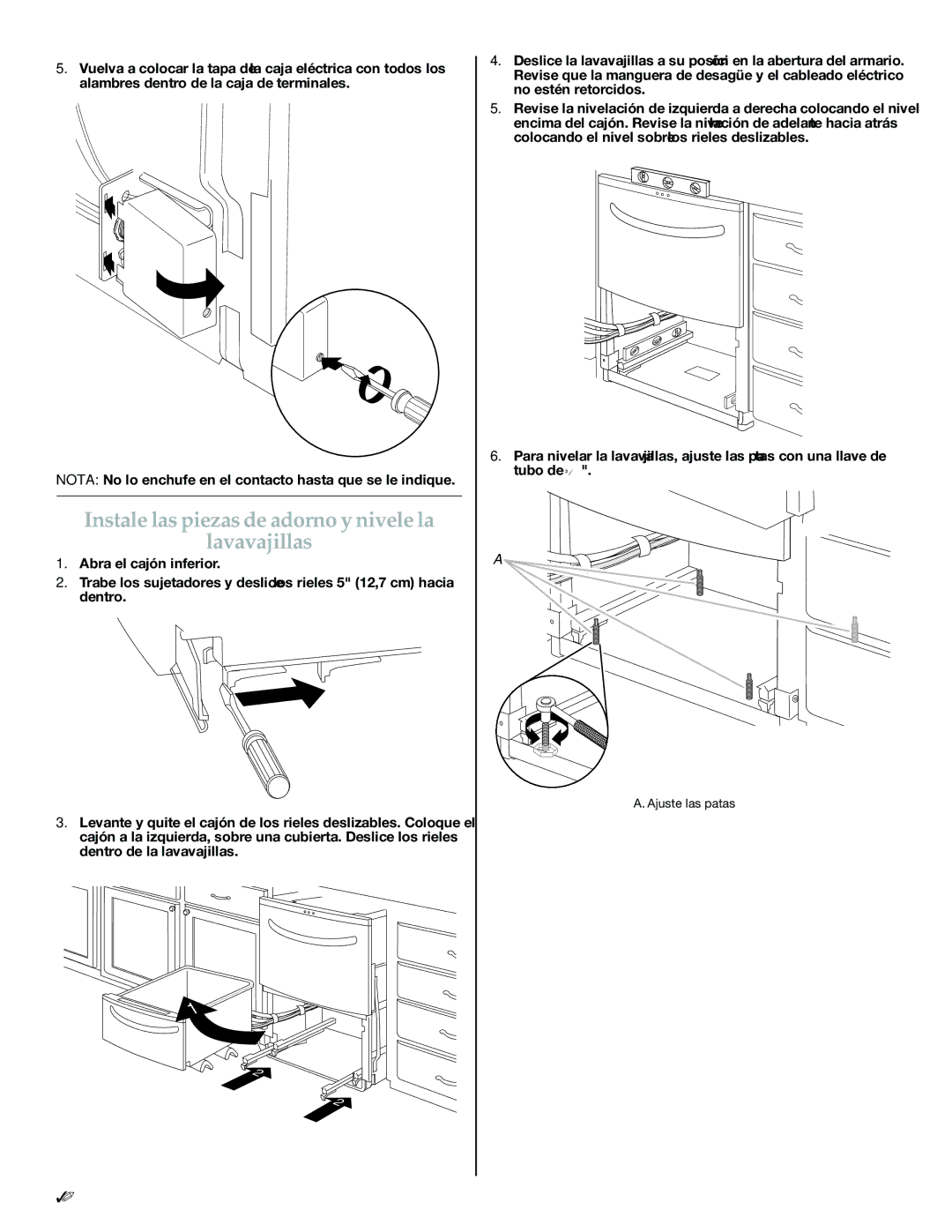 KitchenAid W10300220B installation instructions Instale las piezas de adorno y nivele la Lavavajillas, Ajuste las patas 