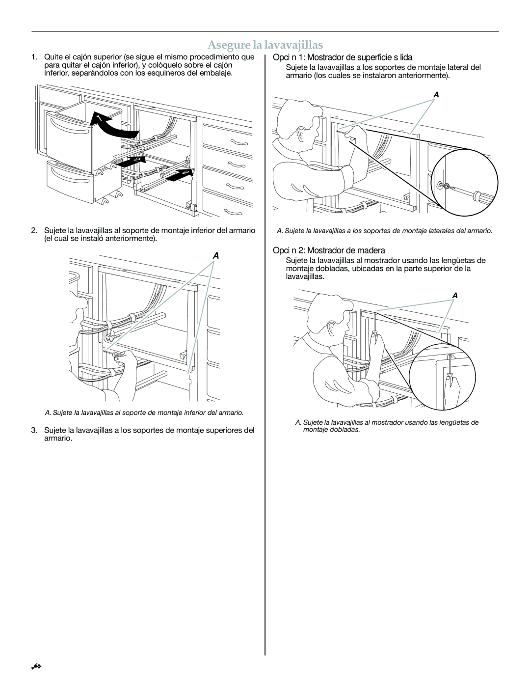 KitchenAid W10300220B Asegure la lavavajillas, Opción 1 Mostrador de superficie sólida, Opción 2 Mostrador de madera 