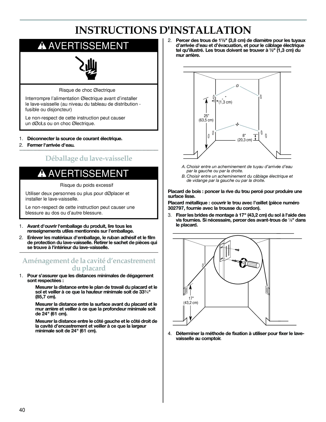 KitchenAid W10300220B installation instructions Instructions Dinstallation, Déballage du lave-vaisselle 