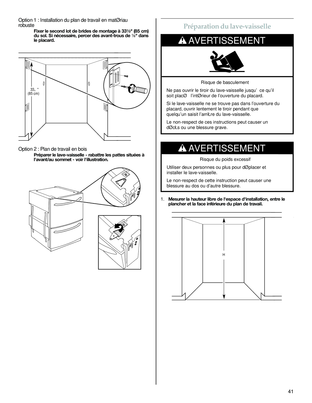 KitchenAid W10300220B installation instructions Préparation du lave-vaisselle, Option 2 Plan de travail en bois 