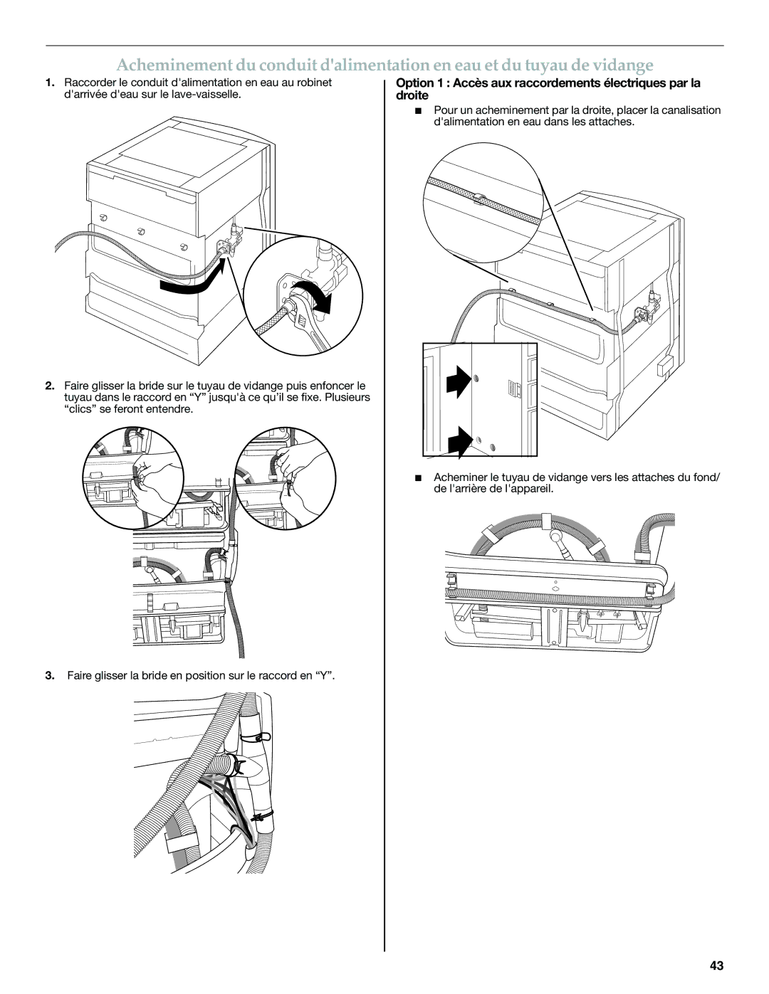 KitchenAid W10300220B installation instructions Option 1 Accès aux raccordements électriques par la droite 