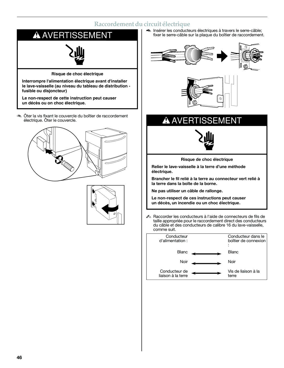 KitchenAid W10300220B installation instructions Raccordement du circuit électrique 