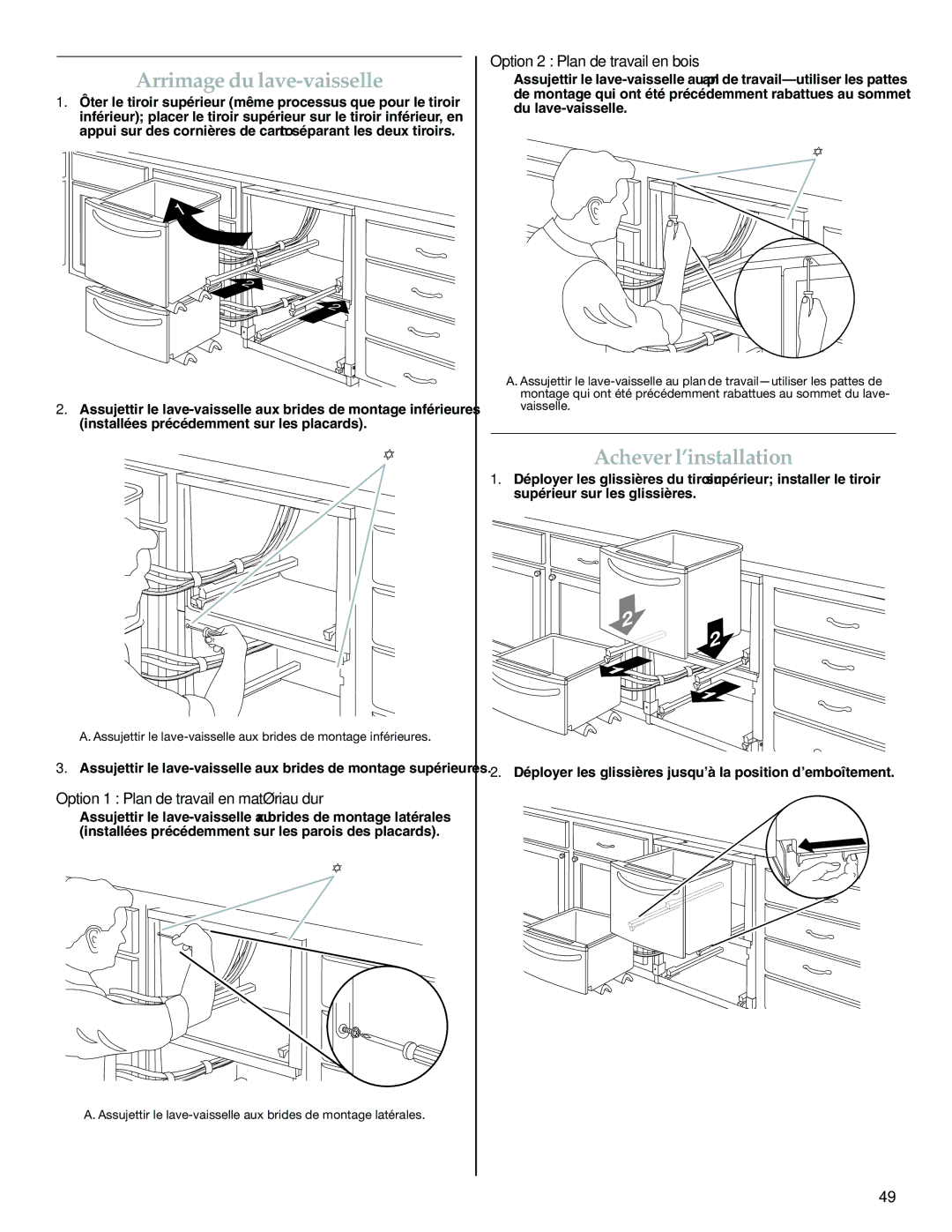 KitchenAid W10300220B Arrimage du lave-vaisselle, Achever l’installation, Option 1 Plan de travail en matériau dur 