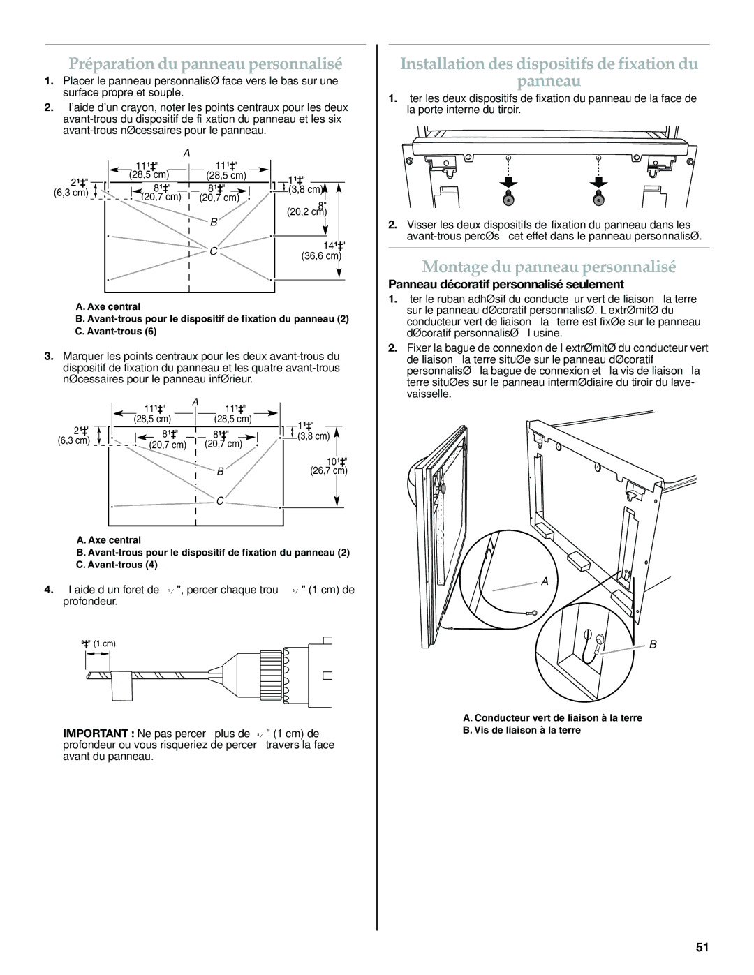 KitchenAid W10300220B Préparation du panneau personnalisé, Installation des dispositifs de fixation du Panneau 