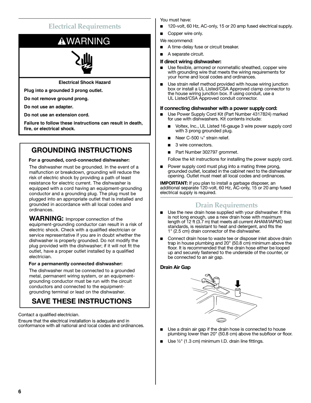 KitchenAid W10300220B Electrical Requirements, Drain Requirements, If direct wiring dishwasher, Drain Air Gap 