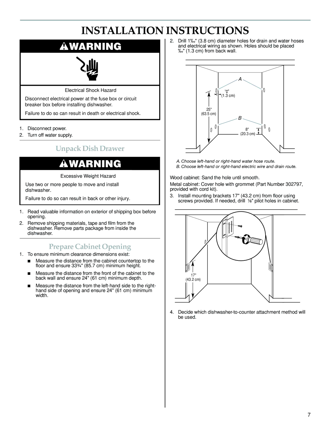 KitchenAid W10300220B installation instructions Installation Instructions, Unpack Dish Drawer, Prepare Cabinet Opening 