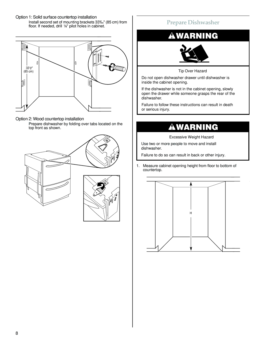 KitchenAid W10300220B installation instructions Prepare Dishwasher, Option 1 Solid surface countertop installation 