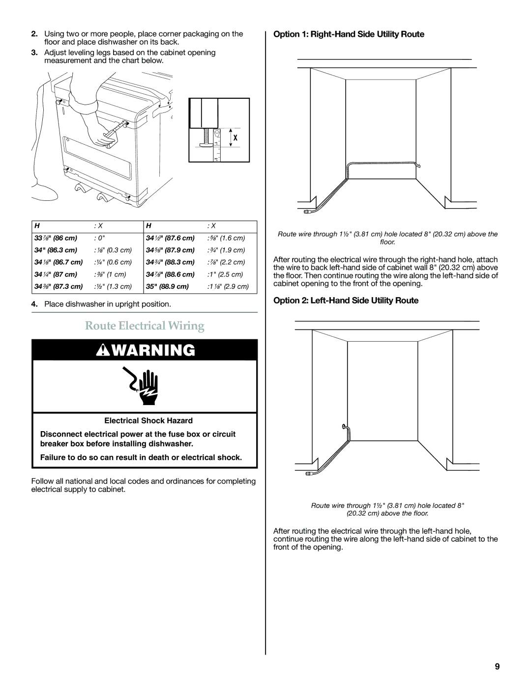 KitchenAid W10300220B installation instructions Route Electrical Wiring, Option 1 Right-Hand Side Utility Route 