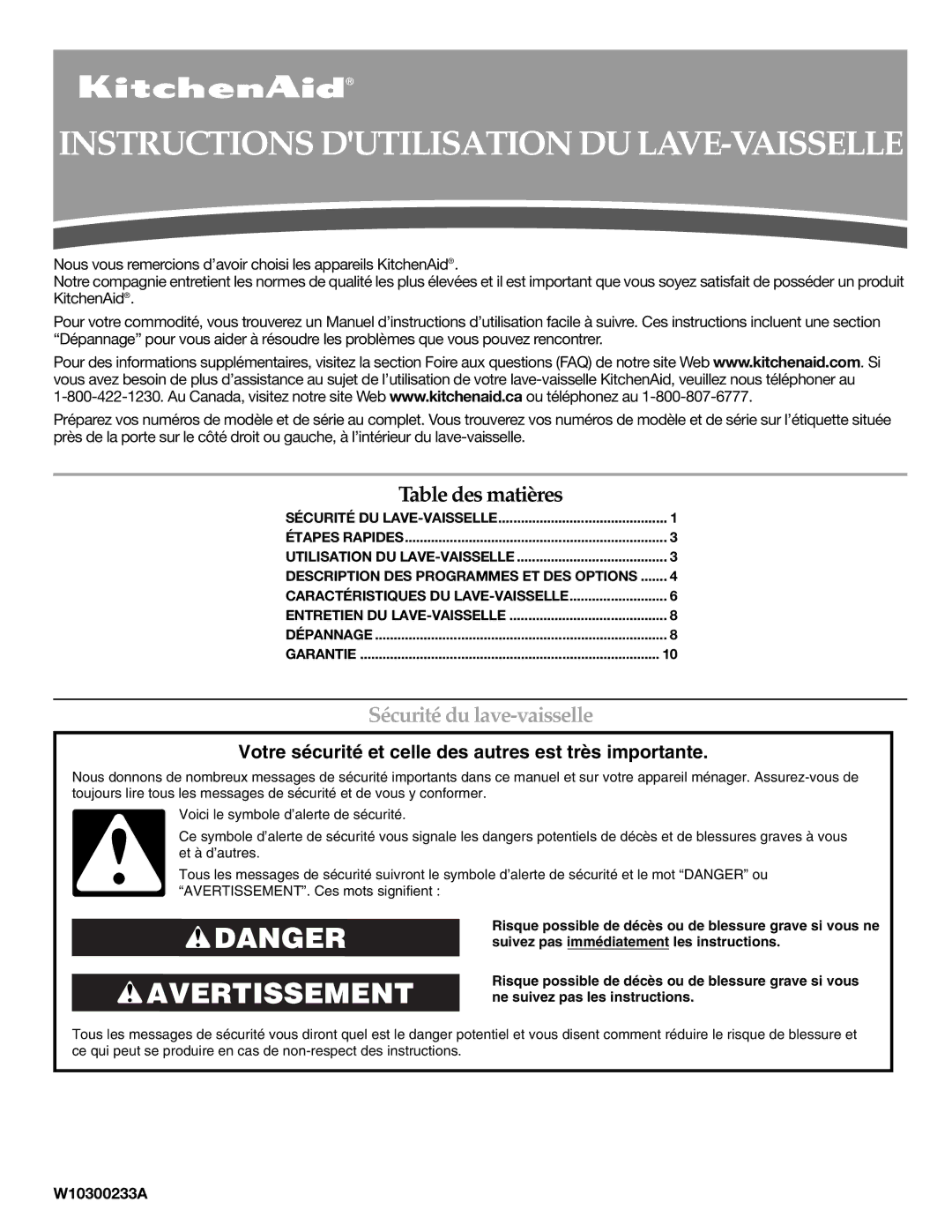 KitchenAid W10300233A warranty Instructions Dutilisation DU LAVE-VAISSELLE, Sécurité du lave-vaisselle 