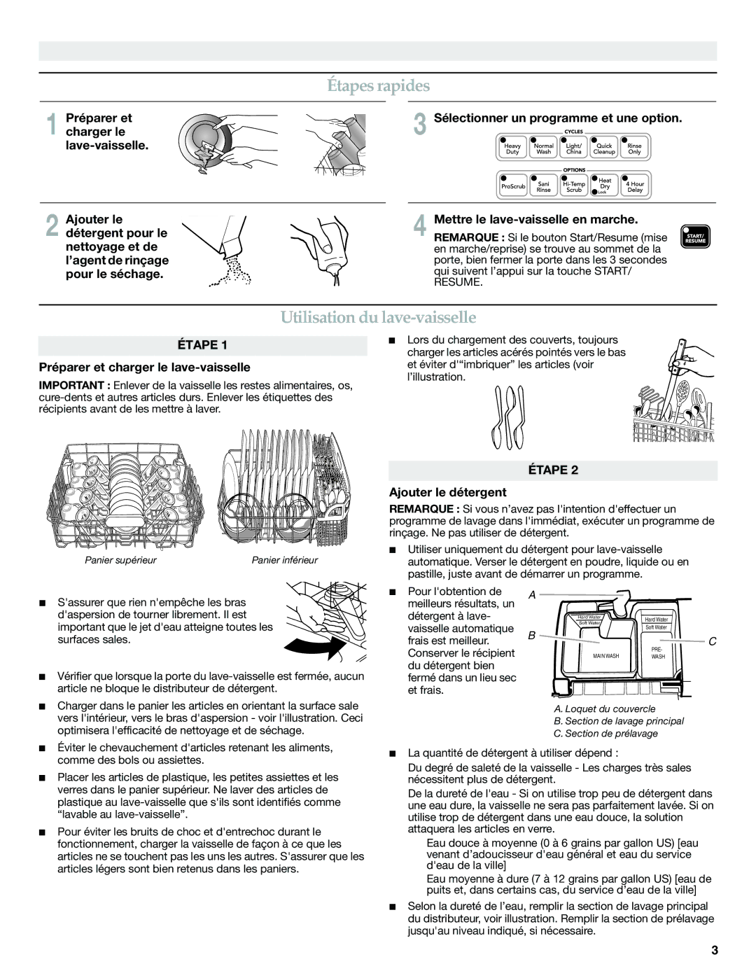 KitchenAid W10300233A warranty Étapes rapides, Utilisation du lave-vaisselle, Préparer et charger le lave-vaisselle 