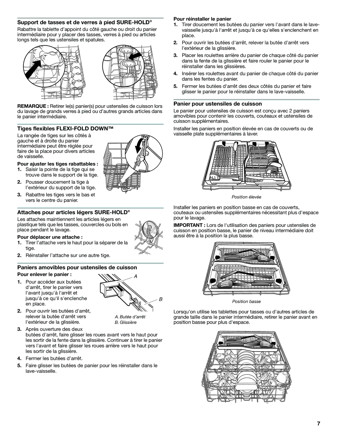 KitchenAid W10300233A warranty Support de tasses et de verres à pied SURE-HOLD, Tiges flexibles FLEXI-FOLD Down 