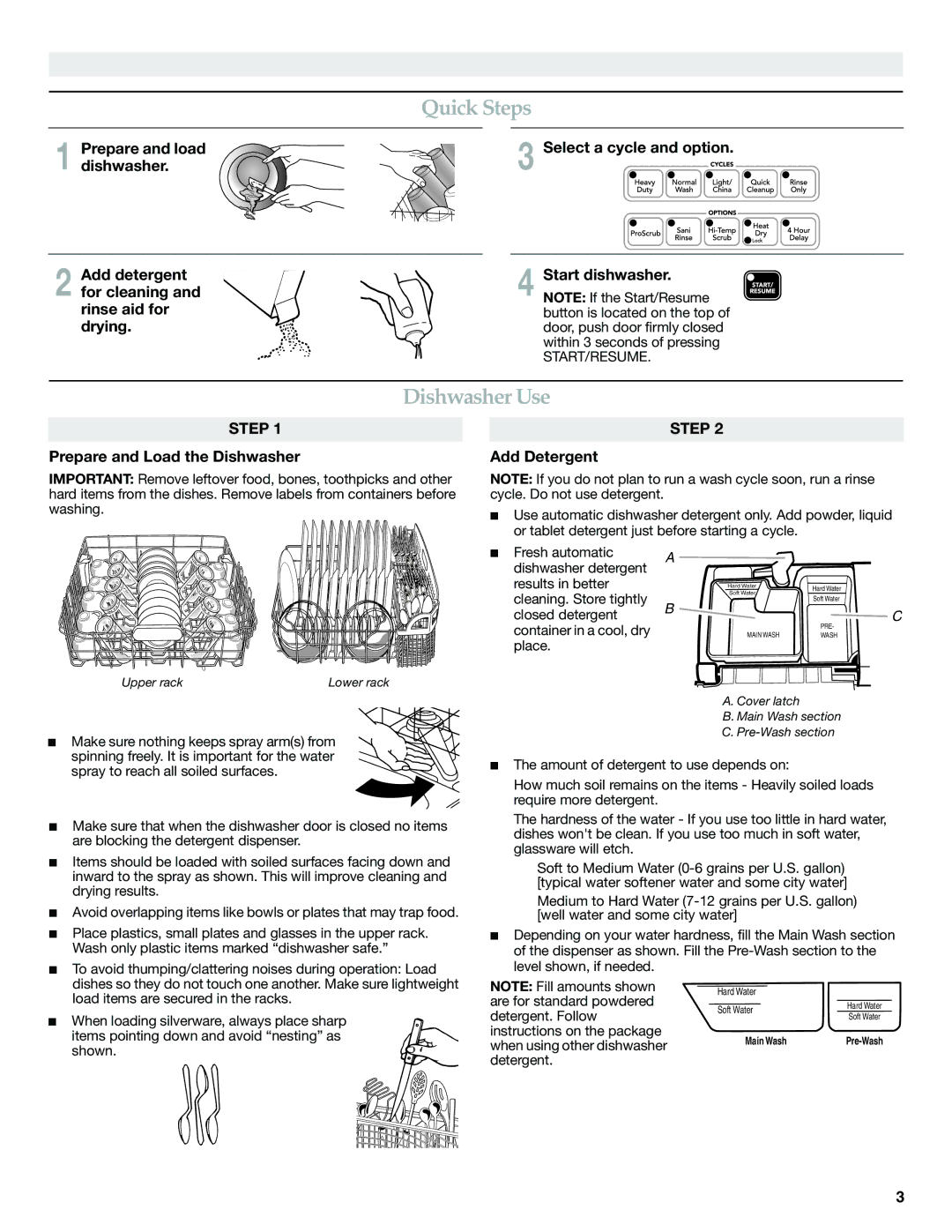 KitchenAid W10300233A warranty Quick Steps, Dishwasher Use, Select a cycle and option, Prepare and Load the Dishwasher 