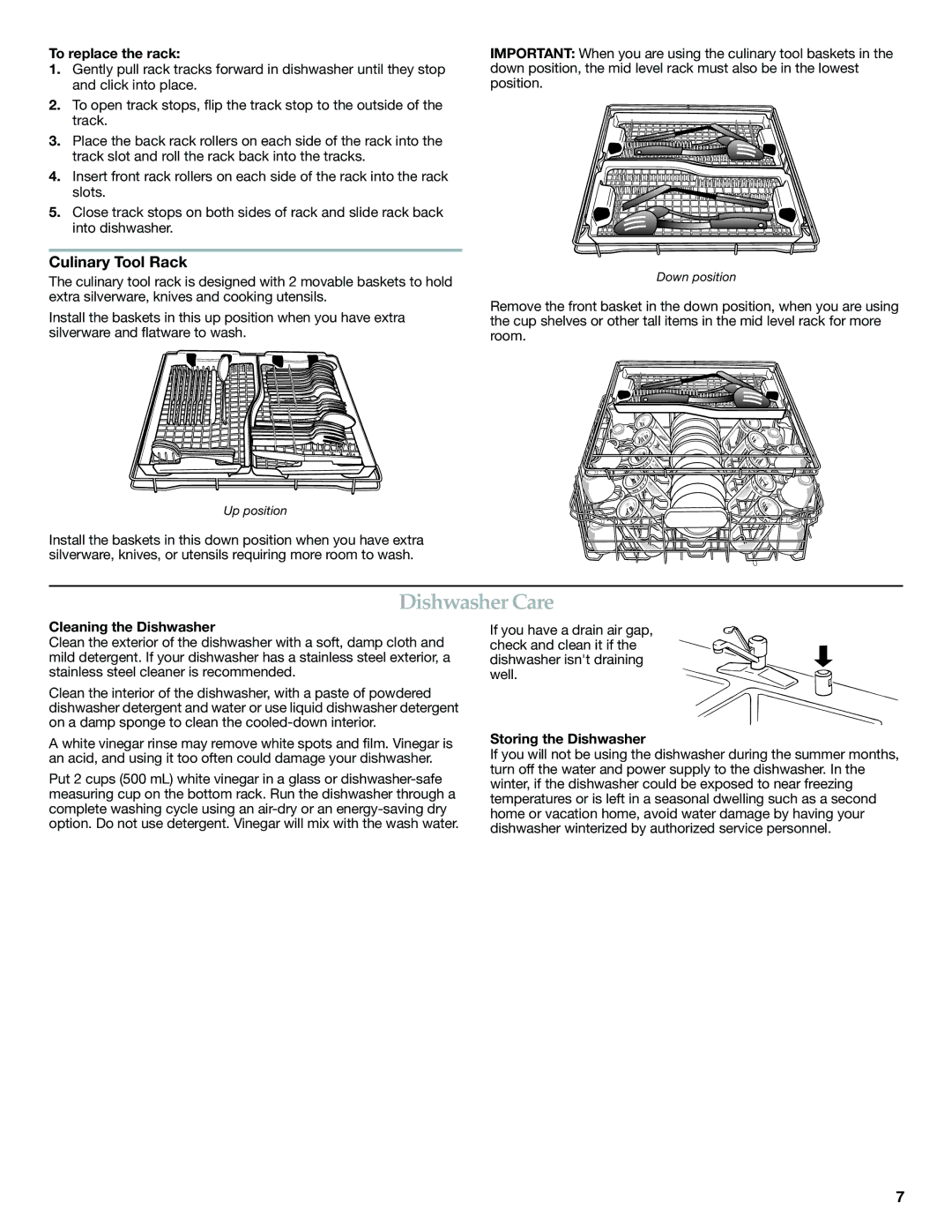 KitchenAid W10300233A warranty Dishwasher Care, Culinary Tool Rack, To replace the rack, Cleaning the Dishwasher 