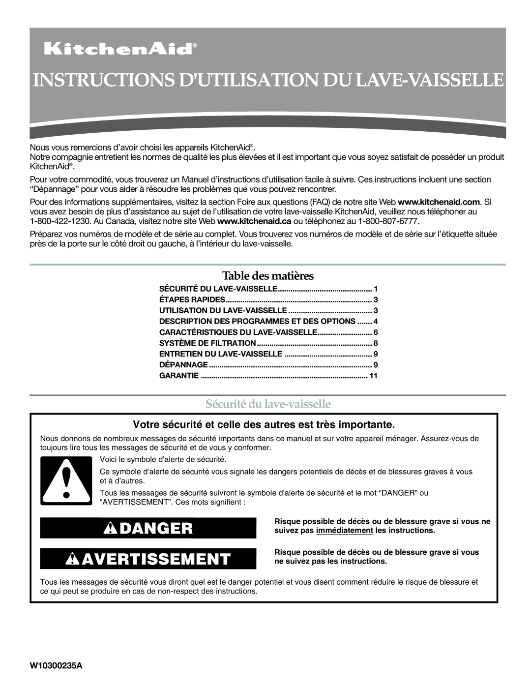 KitchenAid W10300235A, W10300236A warranty Instructions Dutilisation DU LAVE-VAISSELLE, Sécurité du lave-vaisselle 