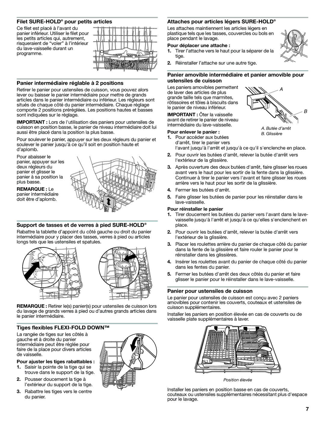 KitchenAid W10300235A, W10300236A warranty Filet SURE-HOLDpour petits articles, Panier intermédiaire réglable à 2 positions 