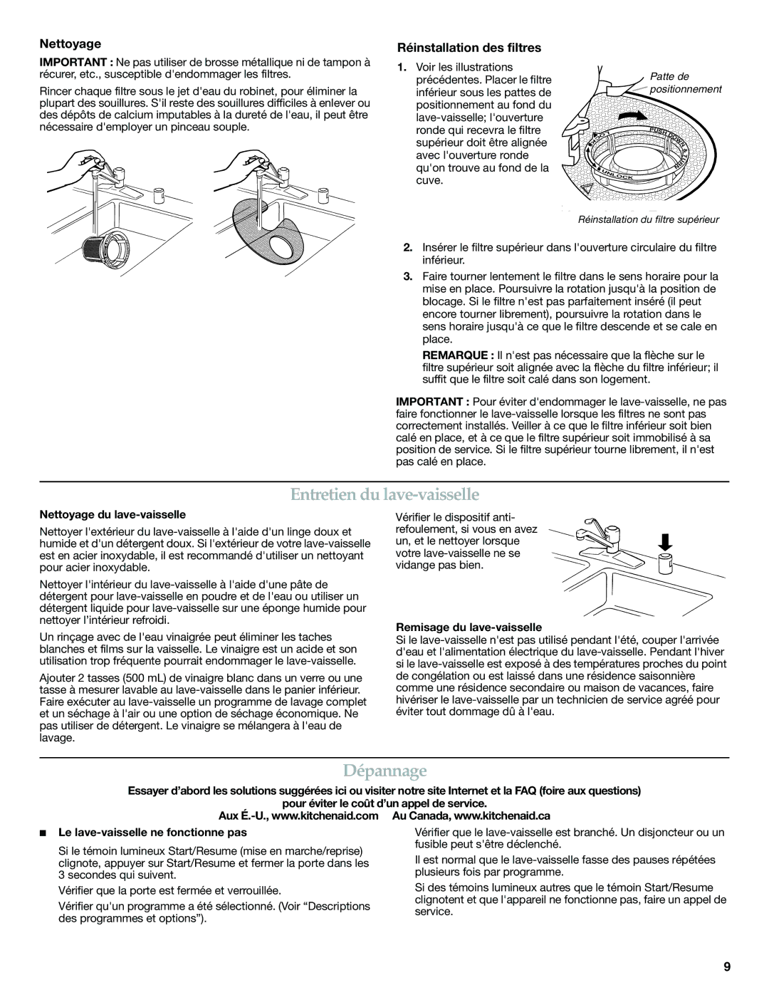 KitchenAid W10300235A, W10300236A warranty Entretien du lave-vaisselle, Dépannage, Nettoyage Réinstallation des filtres 