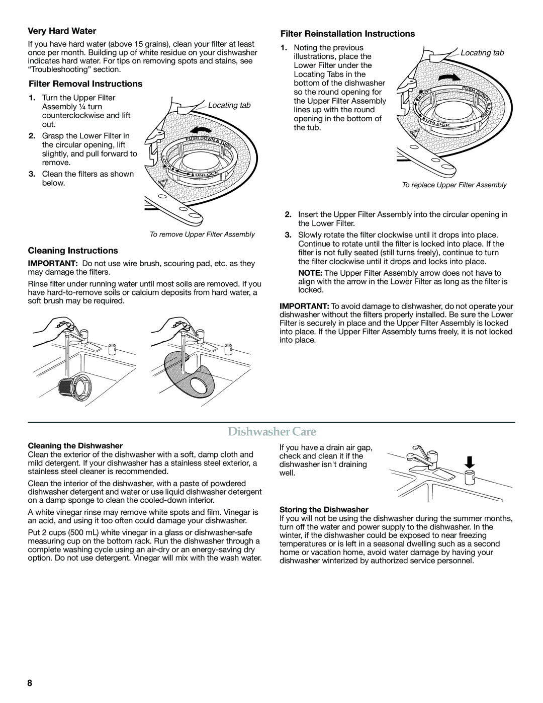 KitchenAid W10300236A Dishwasher Care, Very Hard Water Filter Reinstallation Instructions, Filter Removal Instructions 