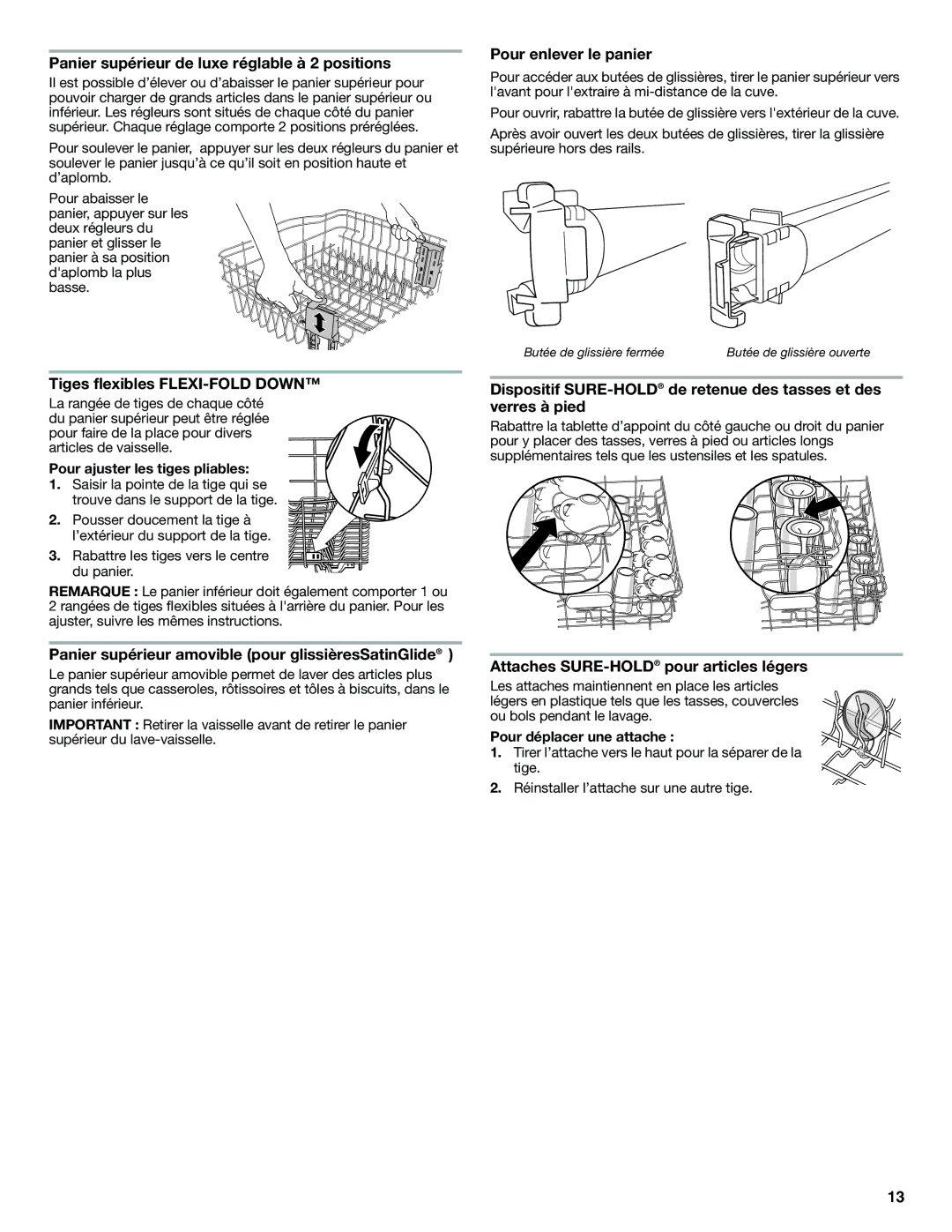 KitchenAid W10300928B warranty Panier supérieur de luxe réglable à 2 positions, Tiges flexibles FLEXI-FOLD Down 